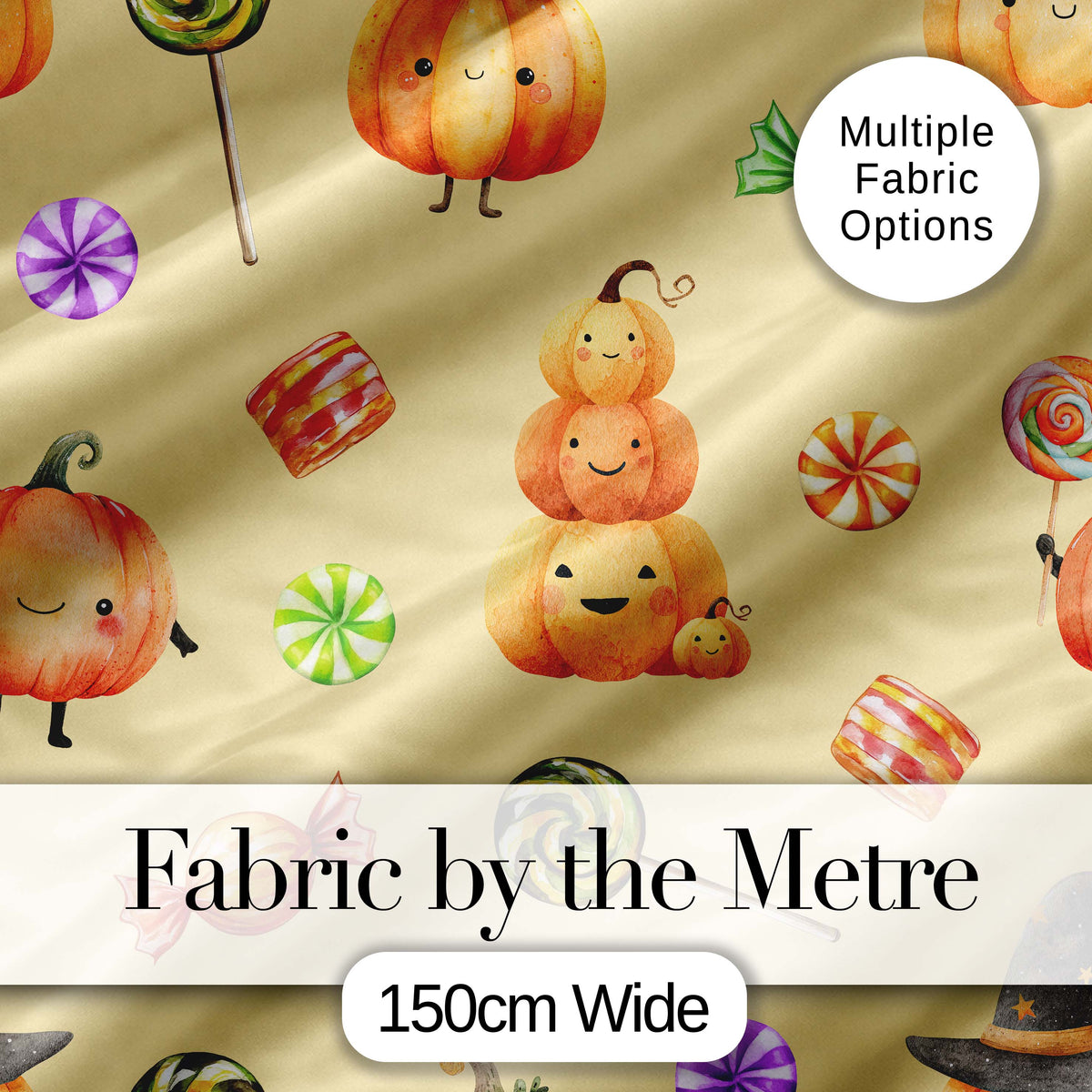 Cute Watercolor Pumpkins and Candy Sweets on Pale Yellow Background Digital Print Fabric by the Metre UK Sewing Quilting Textile
