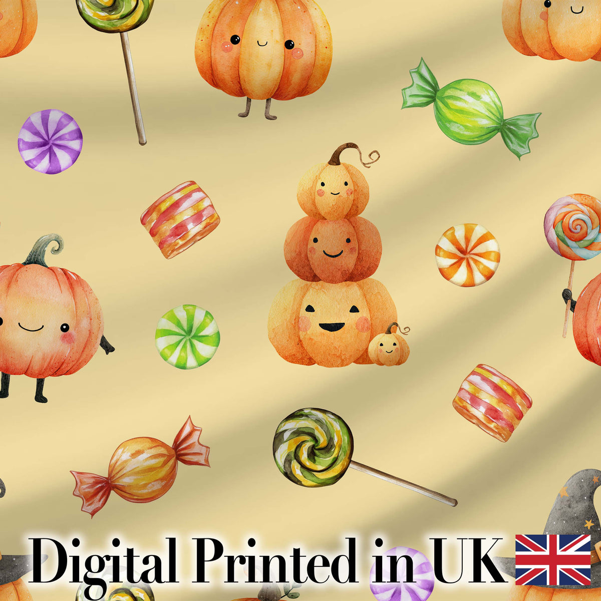 Cute Watercolor Pumpkins and Candy Sweets on Pale Yellow Background Digital Print Fabric by the Metre UK Sewing Quilting Textile