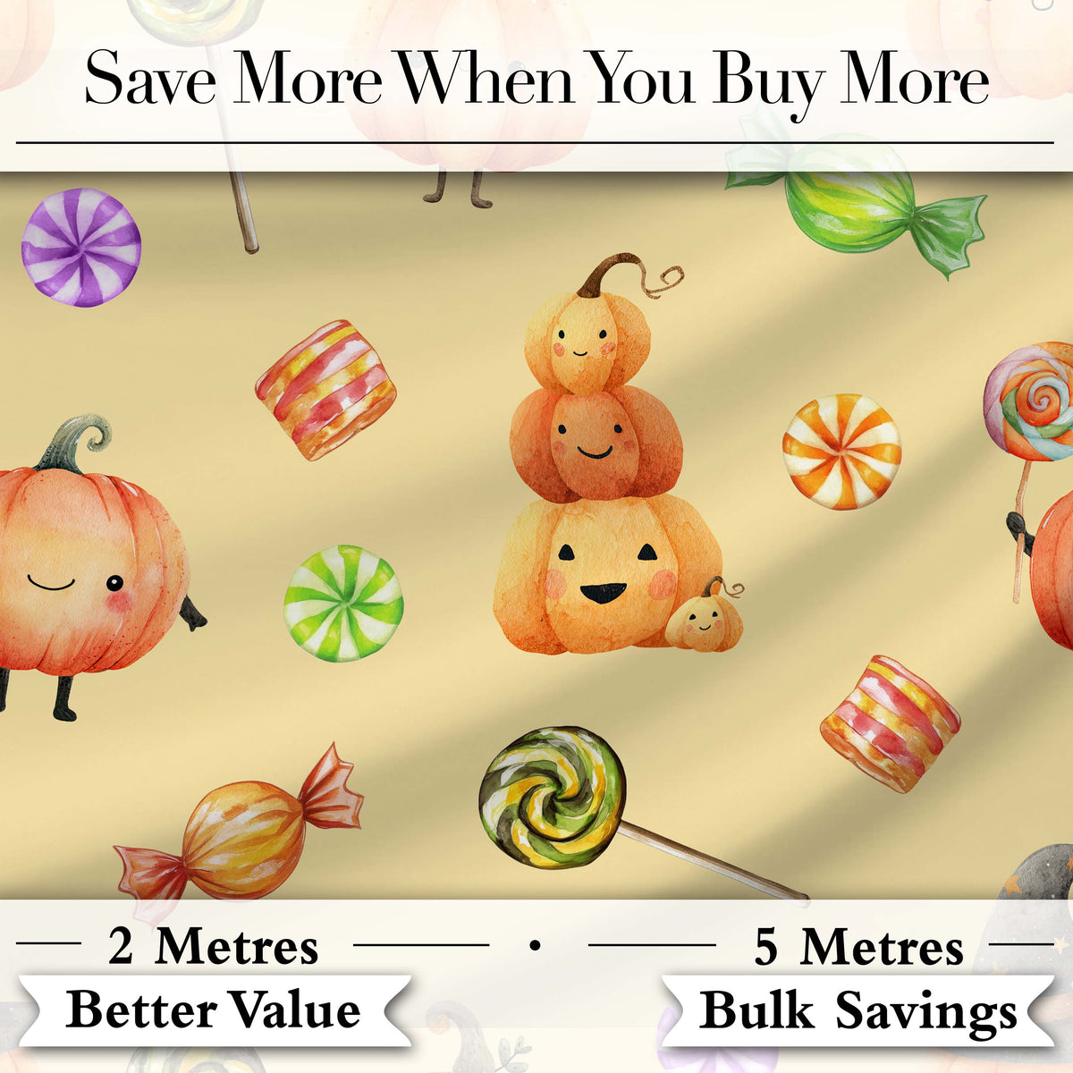 Cute Watercolor Pumpkins and Candy Sweets on Pale Yellow Background Digital Print Fabric by the Metre UK Sewing Quilting Textile