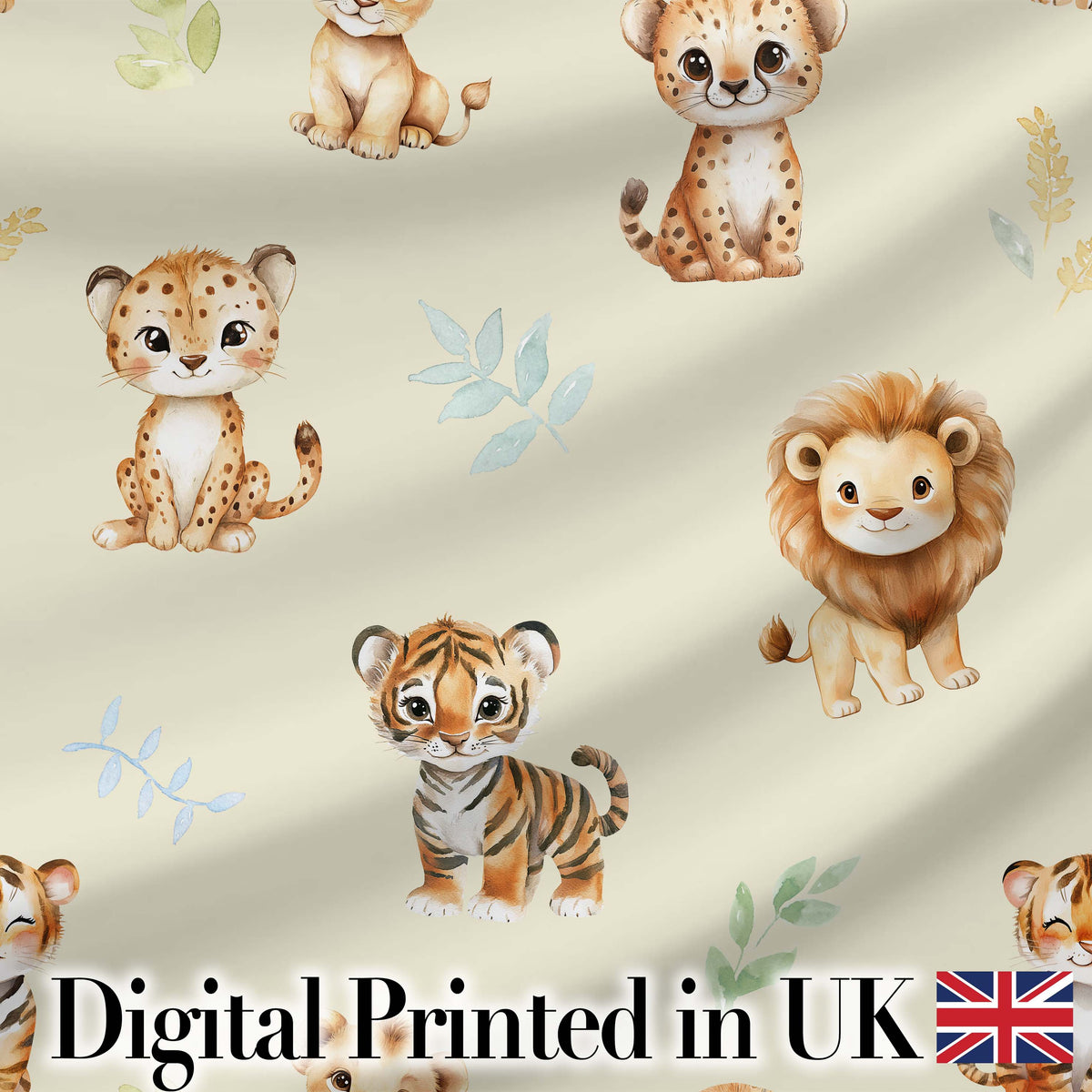 Cute Baby Jungle Animals with Leaves on Light Olive Background Seamless Pattern Digital Print Fabric by the Metre UK Sewing Quilting Textile