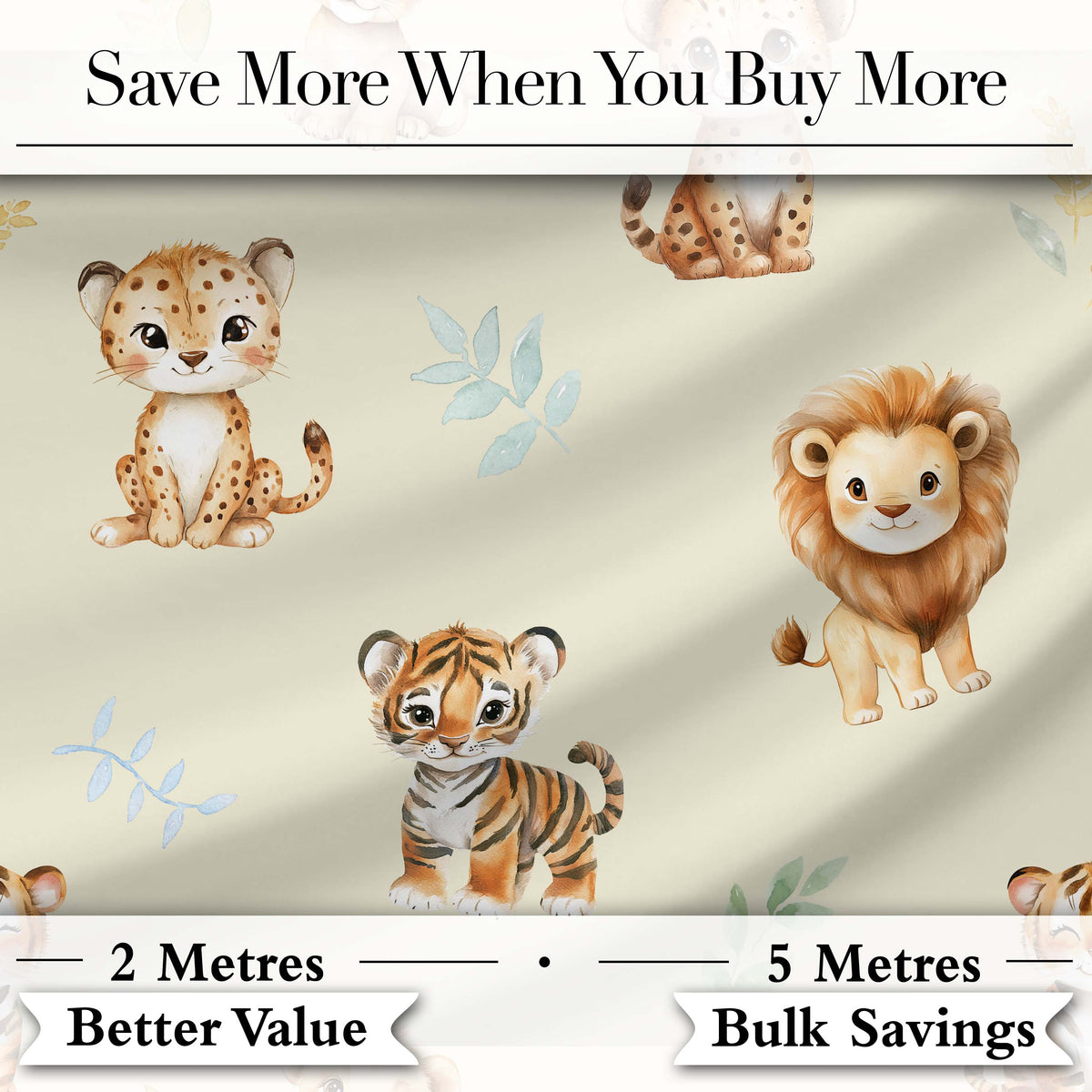 Cute Baby Jungle Animals with Leaves on Light Olive Background Seamless Pattern Digital Print Fabric by the Metre UK Sewing Quilting Textile