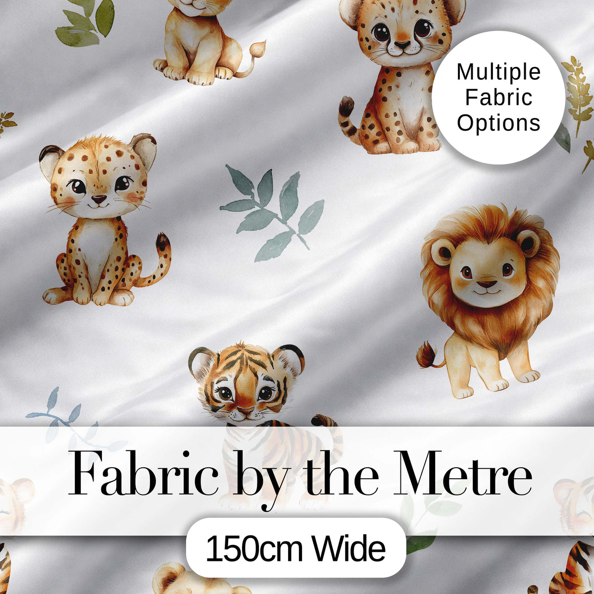 Cute Baby Jungle Animals with Leaves on Cream Beige Background Seamless Pattern Digital Print Fabric by the Metre UK Sewing Quilting Textile