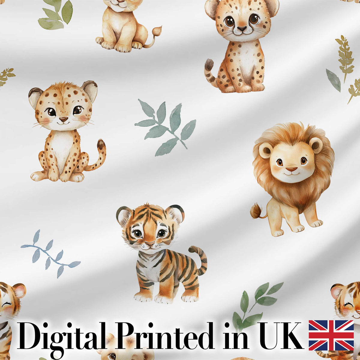 Cute Baby Jungle Animals with Leaves on Cream Beige Background Seamless Pattern Digital Print Fabric by the Metre UK Sewing Quilting Textile
