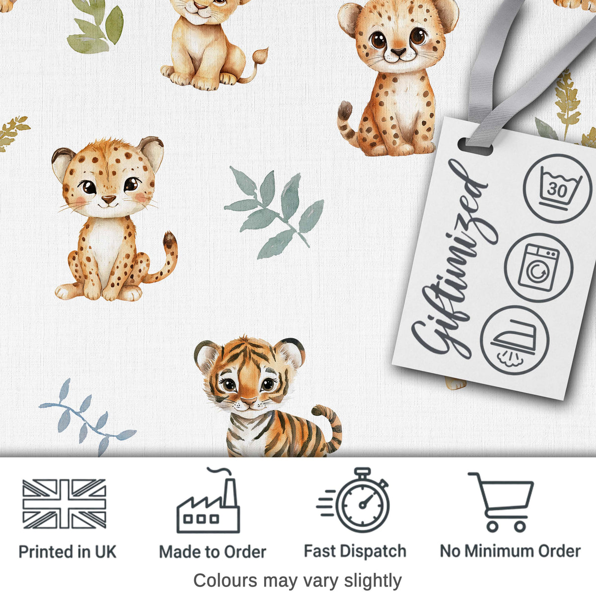 Cute Baby Jungle Animals with Leaves on Cream Beige Background Seamless Pattern Digital Print Fabric by the Metre UK Sewing Quilting Textile