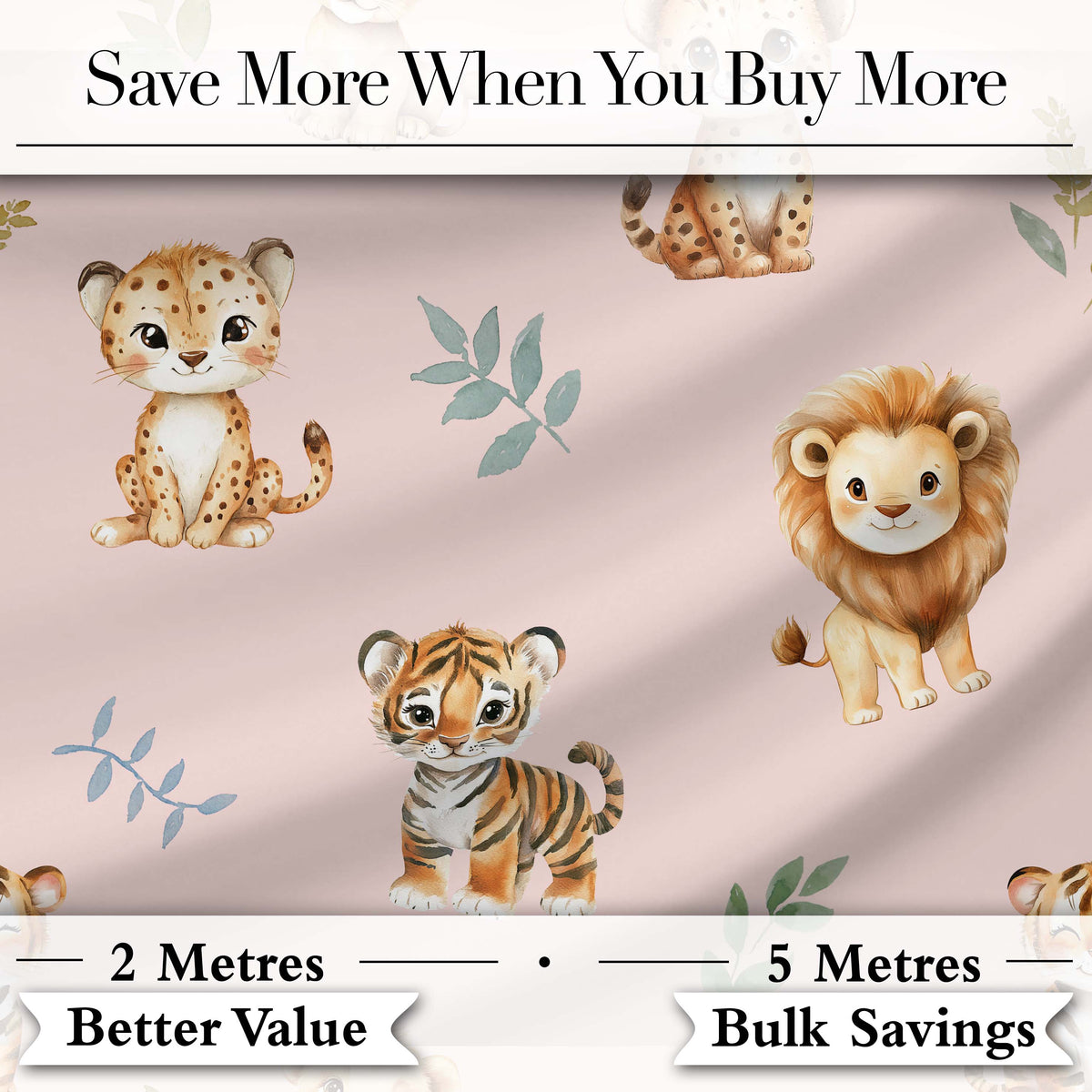 Cute Baby Jungle Animals with Leaves on Blush Pink Background Seamless Pattern Digital Print Fabric by the Metre UK Sewing Quilting Textile