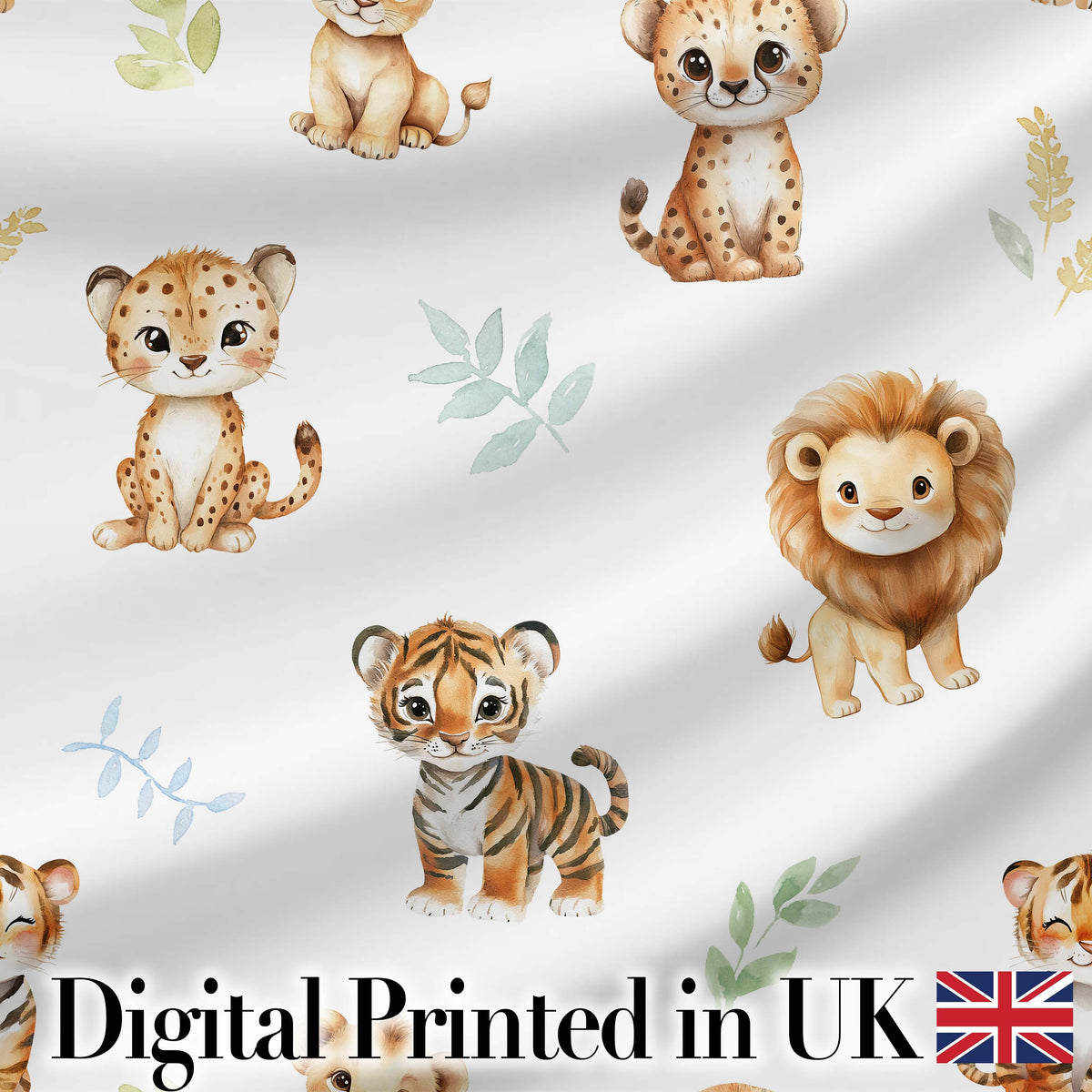 Cute Baby Jungle Animals with Leaves on Soft Grey Background Seamless Pattern Digital Print Fabric by the Metre UK Sewing Quilting Textile