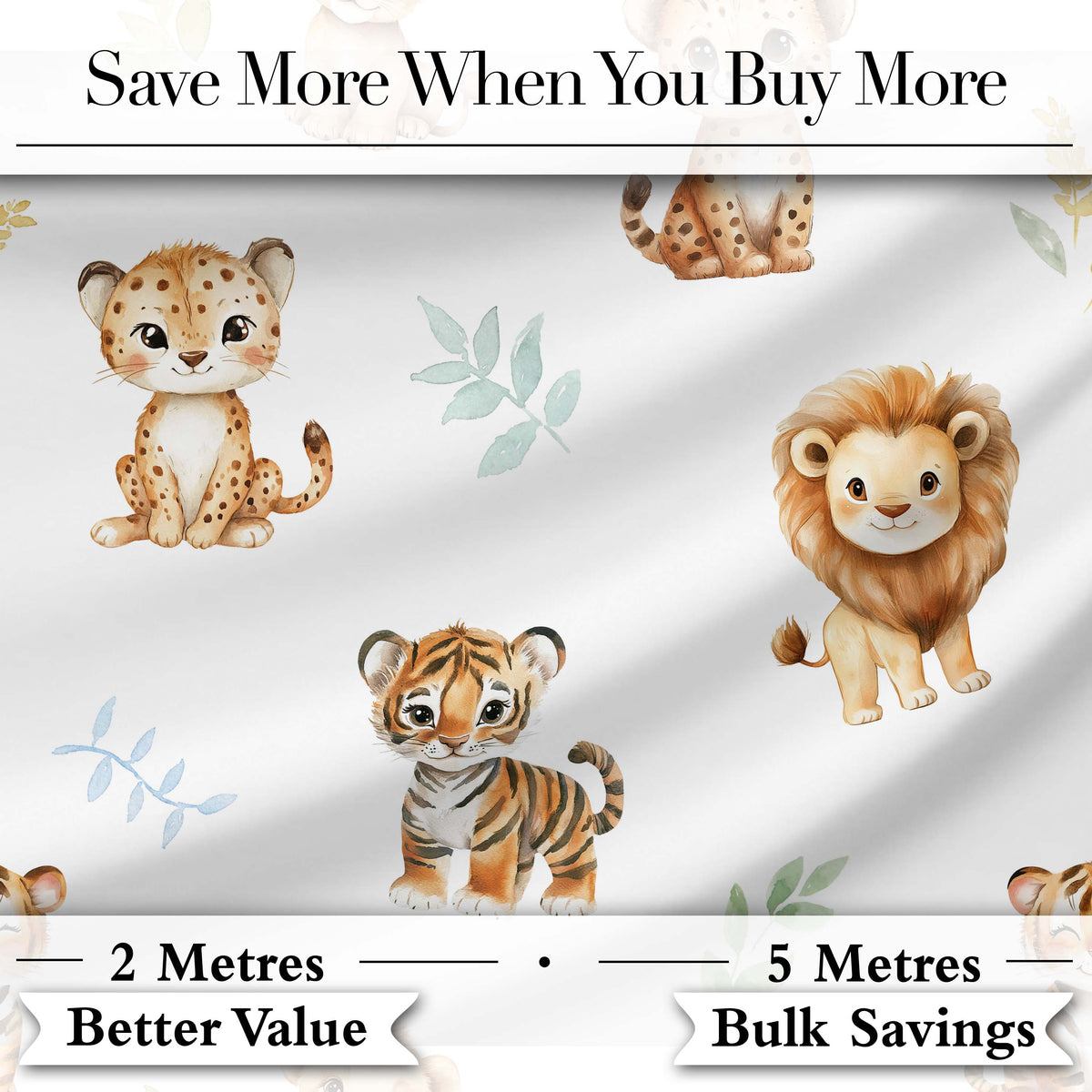 Cute Baby Jungle Animals with Leaves on Soft Grey Background Seamless Pattern Digital Print Fabric by the Metre UK Sewing Quilting Textile