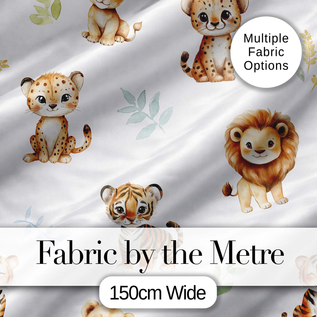 Cute Baby Jungle Animals with Leaves on Grey Background Seamless Pattern Digital Print Fabric by the Metre UK Sewing Quilting Textile