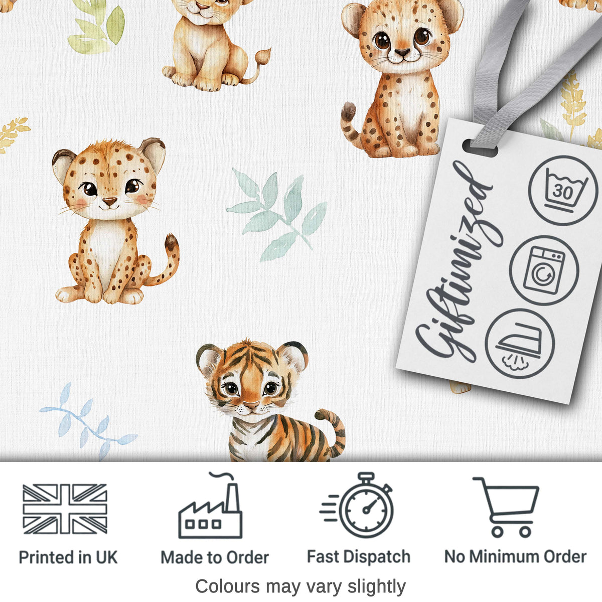 Cute Baby Jungle Animals with Leaves on Grey Background Seamless Pattern Digital Print Fabric by the Metre UK Sewing Quilting Textile