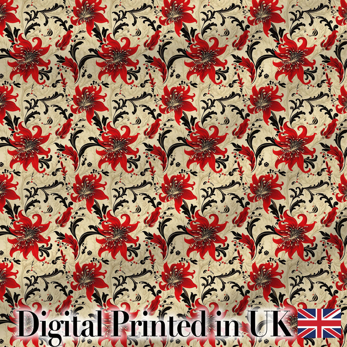 Detailed Red Peony Floral Vintage Seamless Pattern Digital Print Fabric by the Metre UK Sewing Quilting Textile