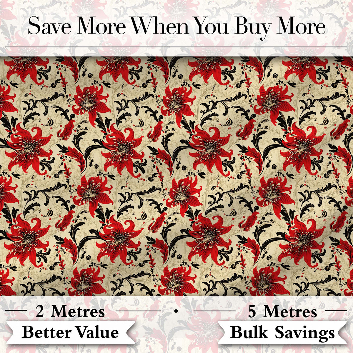 Detailed Red Peony Floral Vintage Seamless Pattern Digital Print Fabric by the Metre UK Sewing Quilting Textile