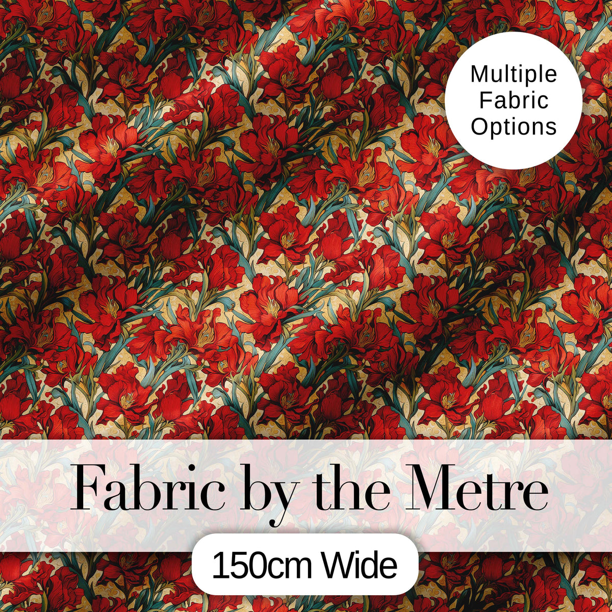 Vintage Red Lily Floral Beige Background Seamless Pattern Digital Print Fabric by the Metre UK Sewing Quilting Textile
