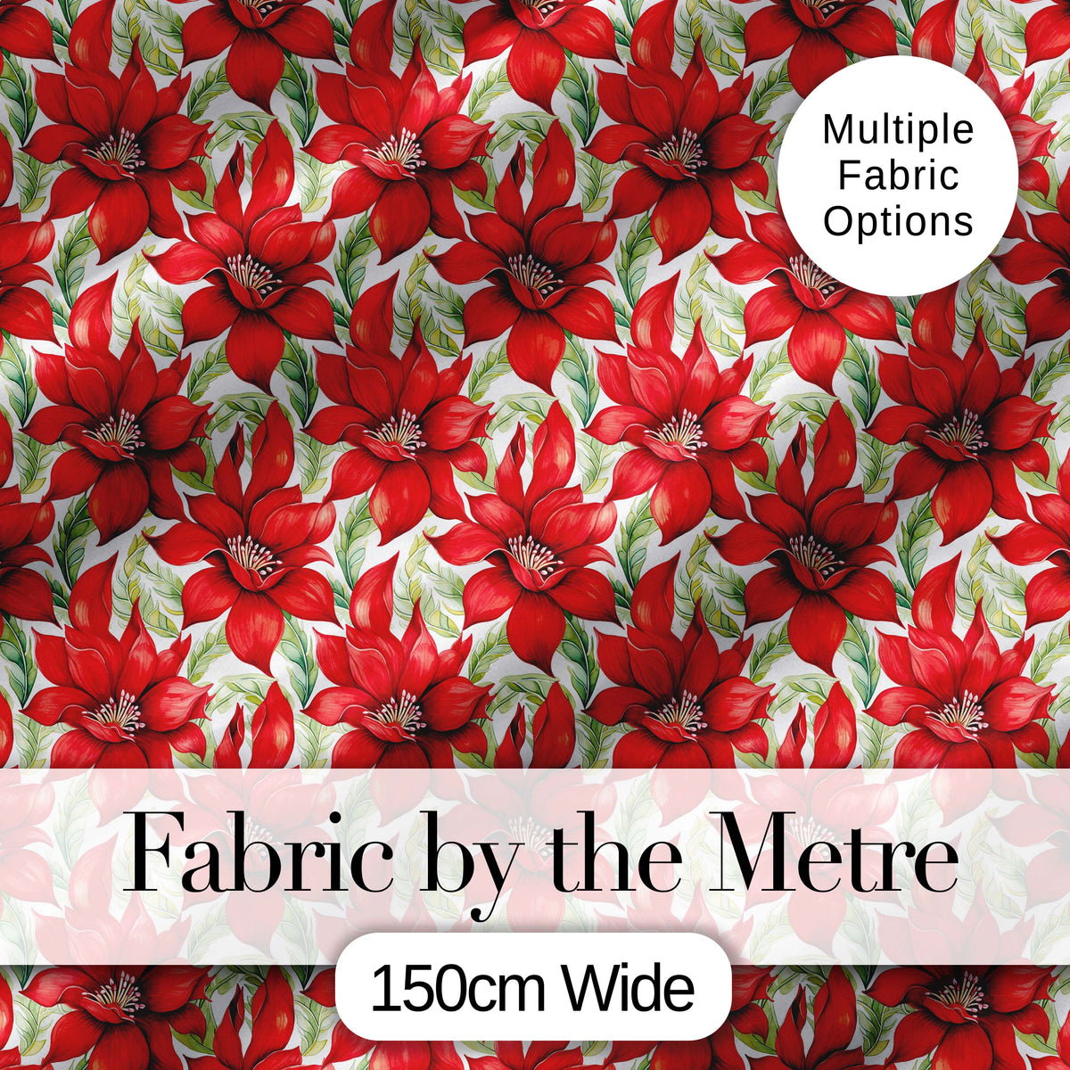 Watercolor Red Floral Bloom White Background Seamless Pattern Digital Print Fabric by the Metre UK Sewing Quilting Textile
