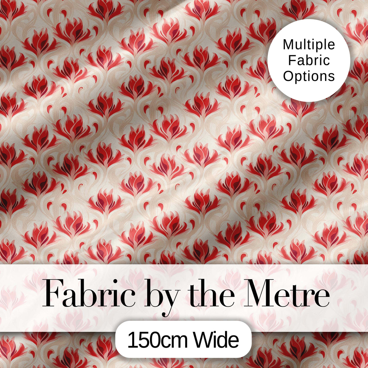 Soft Red Floral Vine Cream Background Seamless Pattern Digital Print Fabric by the Metre UK Sewing Quilting Textile