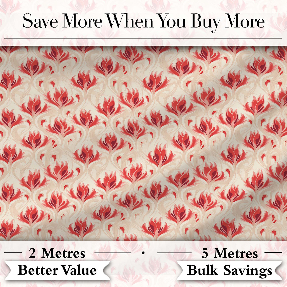 Soft Red Floral Vine Cream Background Seamless Pattern Digital Print Fabric by the Metre UK Sewing Quilting Textile