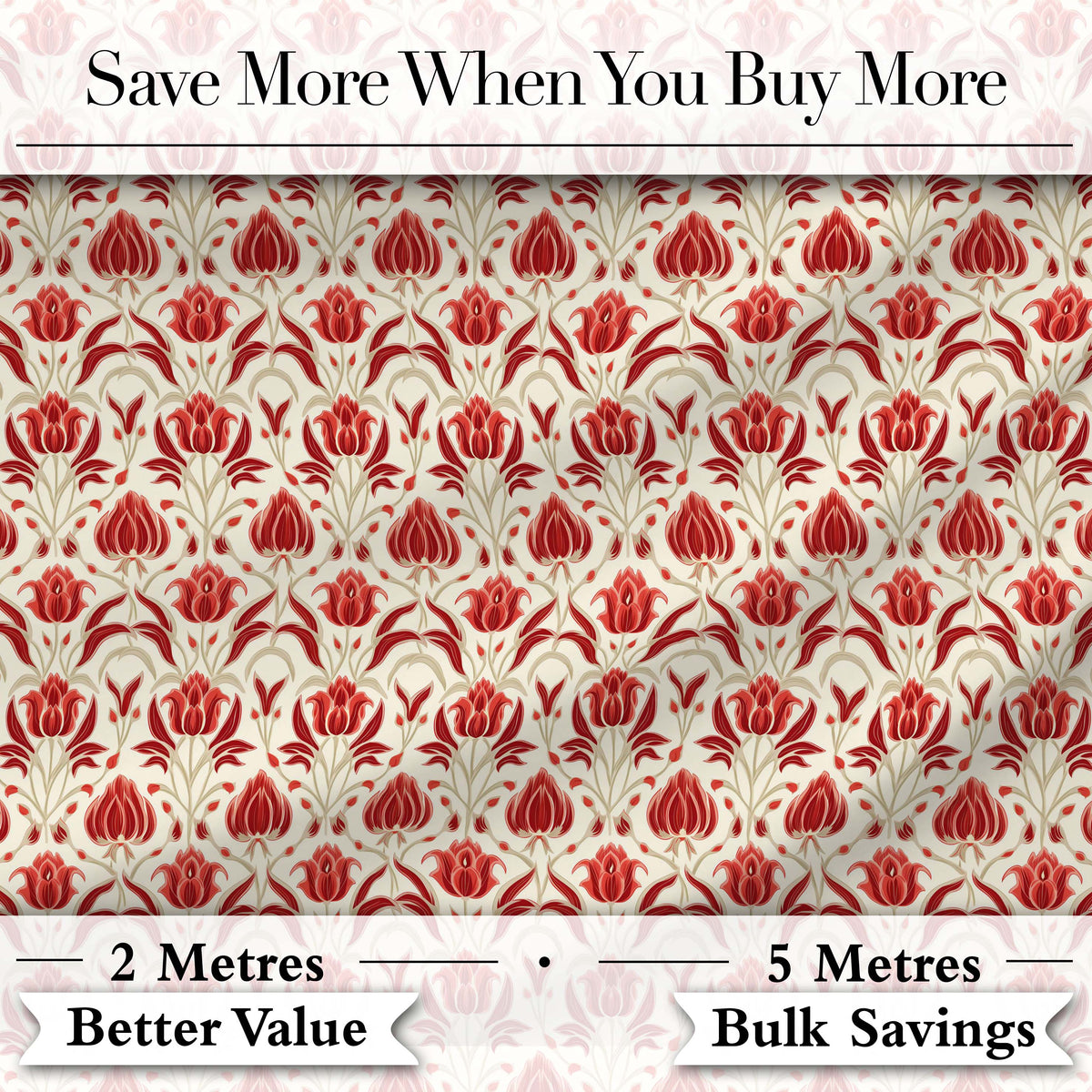 Vintage Red Tulip Floral Symmetrical Pattern Seamless Pattern Digital Print Fabric by the Metre UK Sewing Quilting Textile
