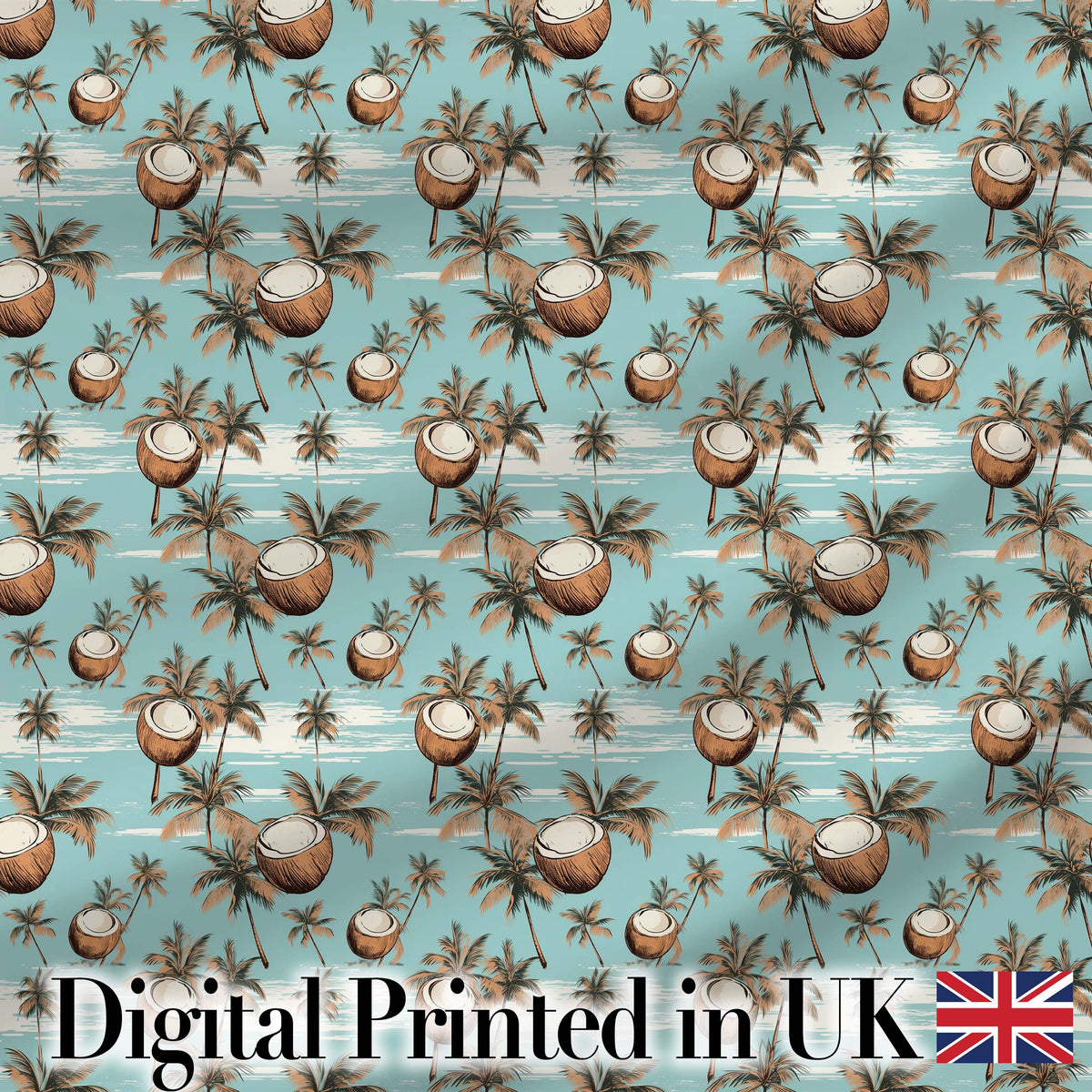 Coastal Coconut Palm Trees on Aqua Ocean Background Tropical Pattern Digital Print Fabric by the Metre UK Sewing Quilting Textile