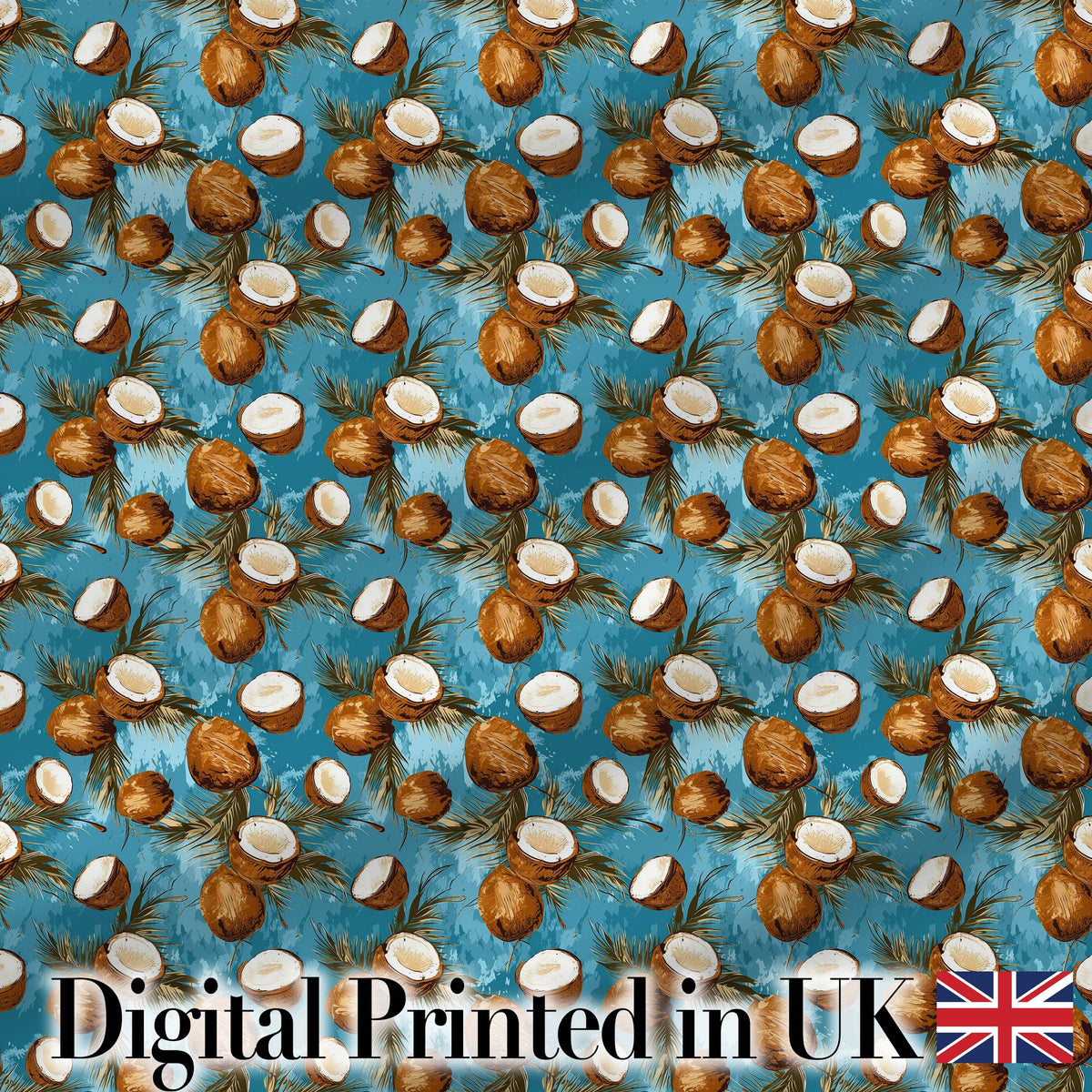 Painterly Coconut Cluster with Palm Leaves on Deep Blue Textured Background Digital Print Fabric by the Metre UK Sewing Quilting Textile