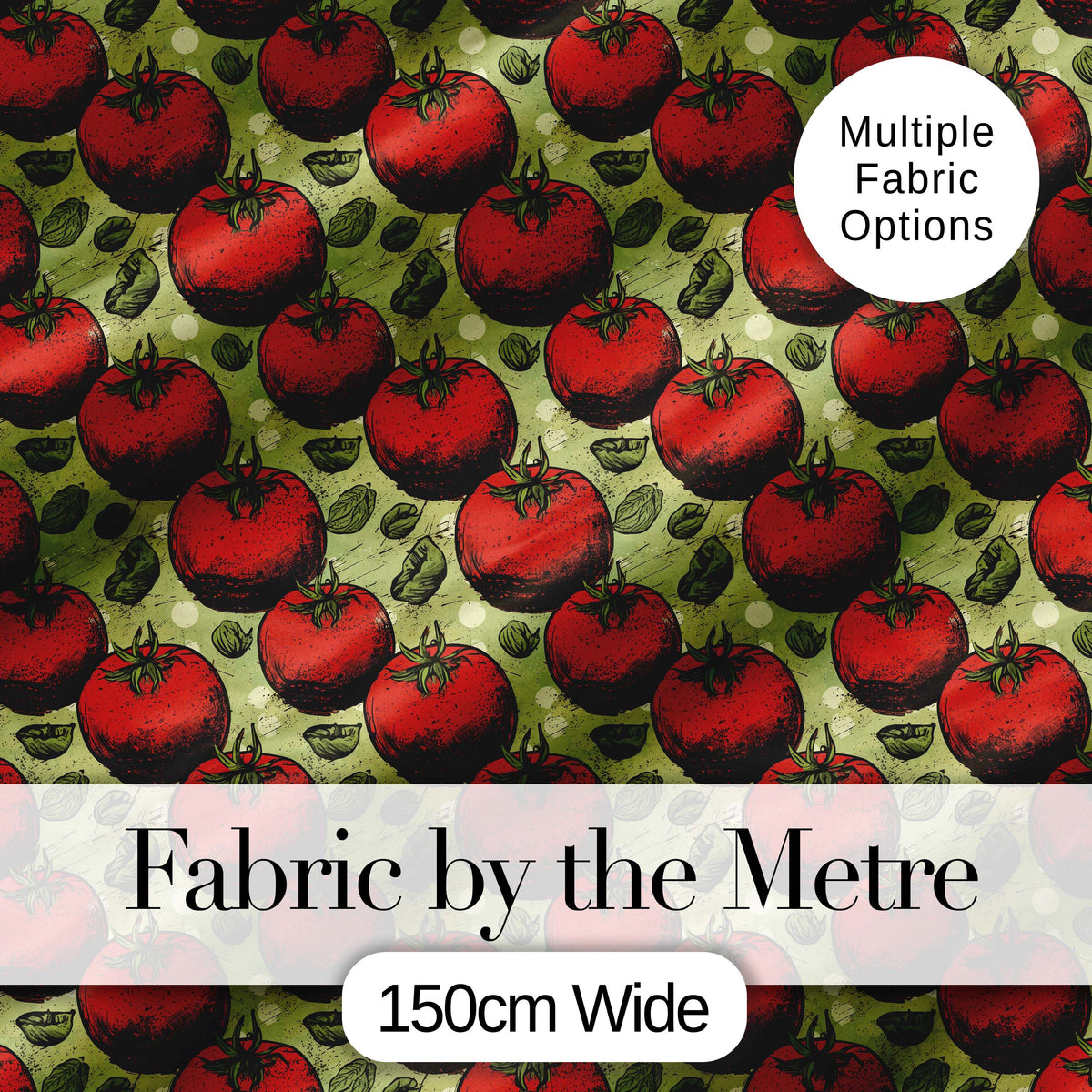 Bold Red Tomatoes with Basil Leaves Vintage Kitchen Garden Pattern Digital Print Fabric by the Metre UK Sewing Quilting Textile