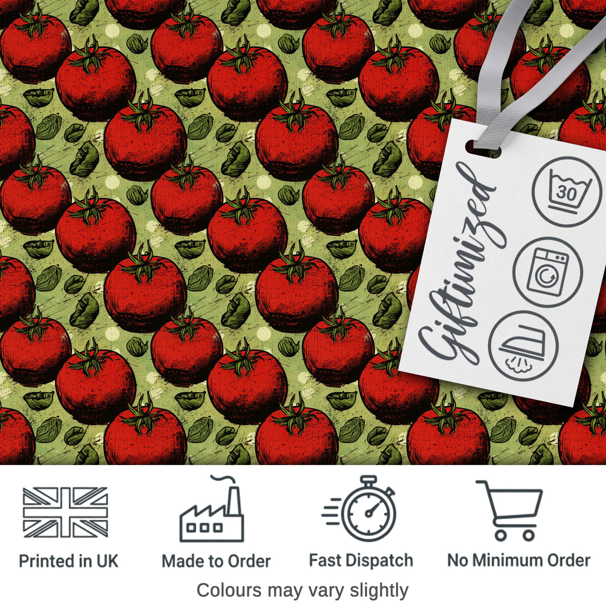 Bold Red Tomatoes with Basil Leaves Vintage Kitchen Garden Pattern Digital Print Fabric by the Metre UK Sewing Quilting Textile