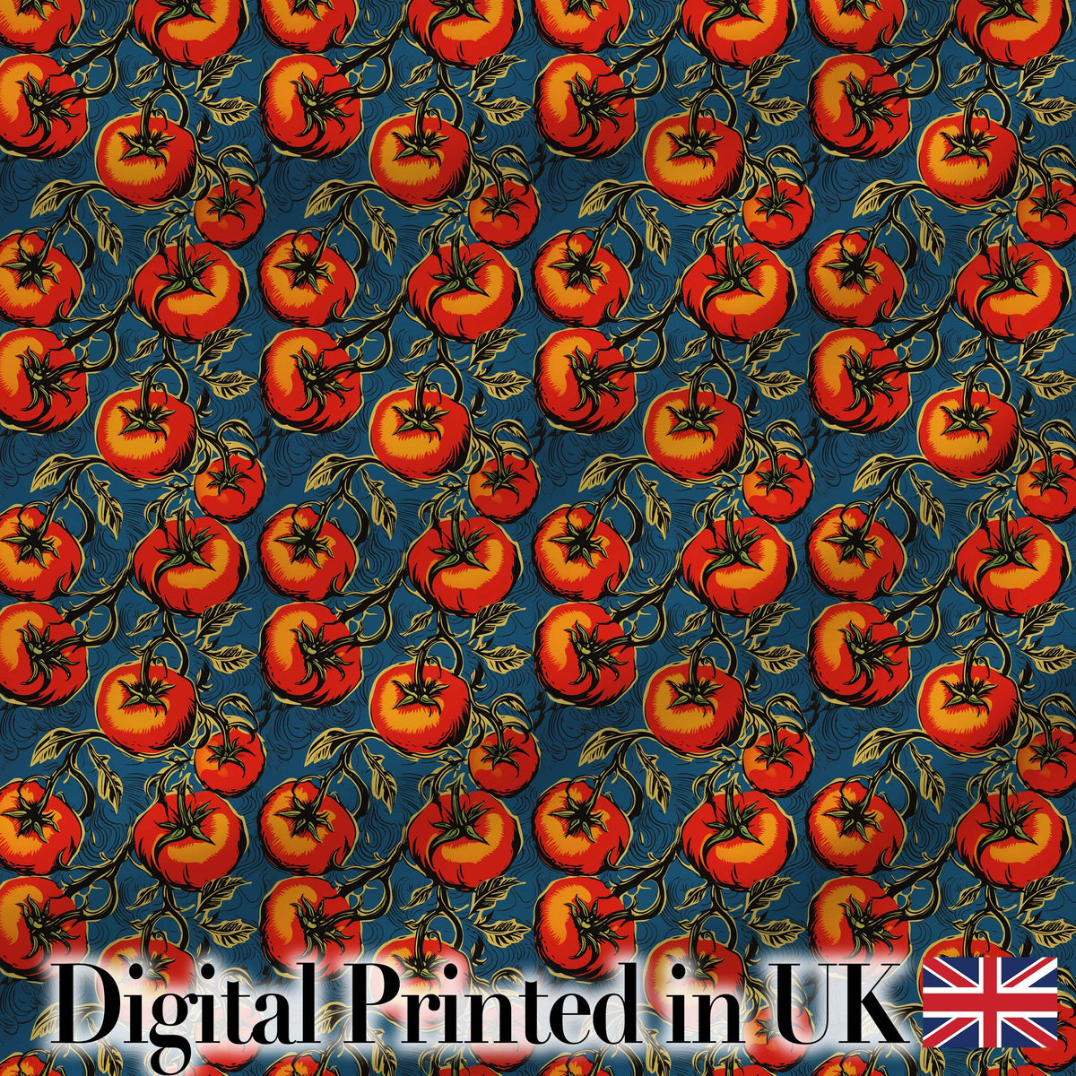 Vibrant Red Tomatoes on Vine with Dark Blue Ornate Background Pattern Digital Print Fabric by the Metre UK Sewing Quilting Textile