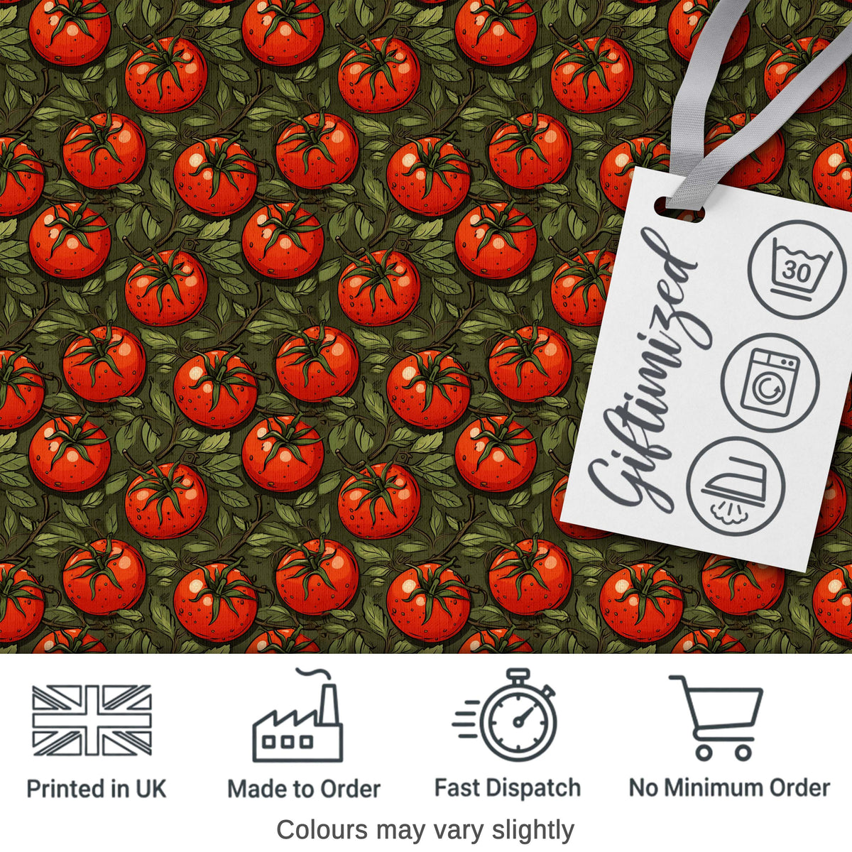 Realistic Red Tomatoes with Leaves on Dark Green Background Pattern Digital Print Fabric by the Metre UK Sewing Quilting Textile