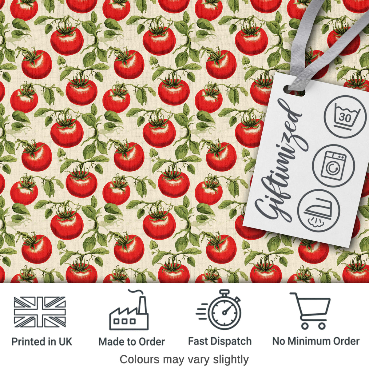 Classic Red Tomatoes with Leaves on Neutral Background Seamless Pattern Digital Print Fabric by the Metre UK Sewing Quilting Textile
