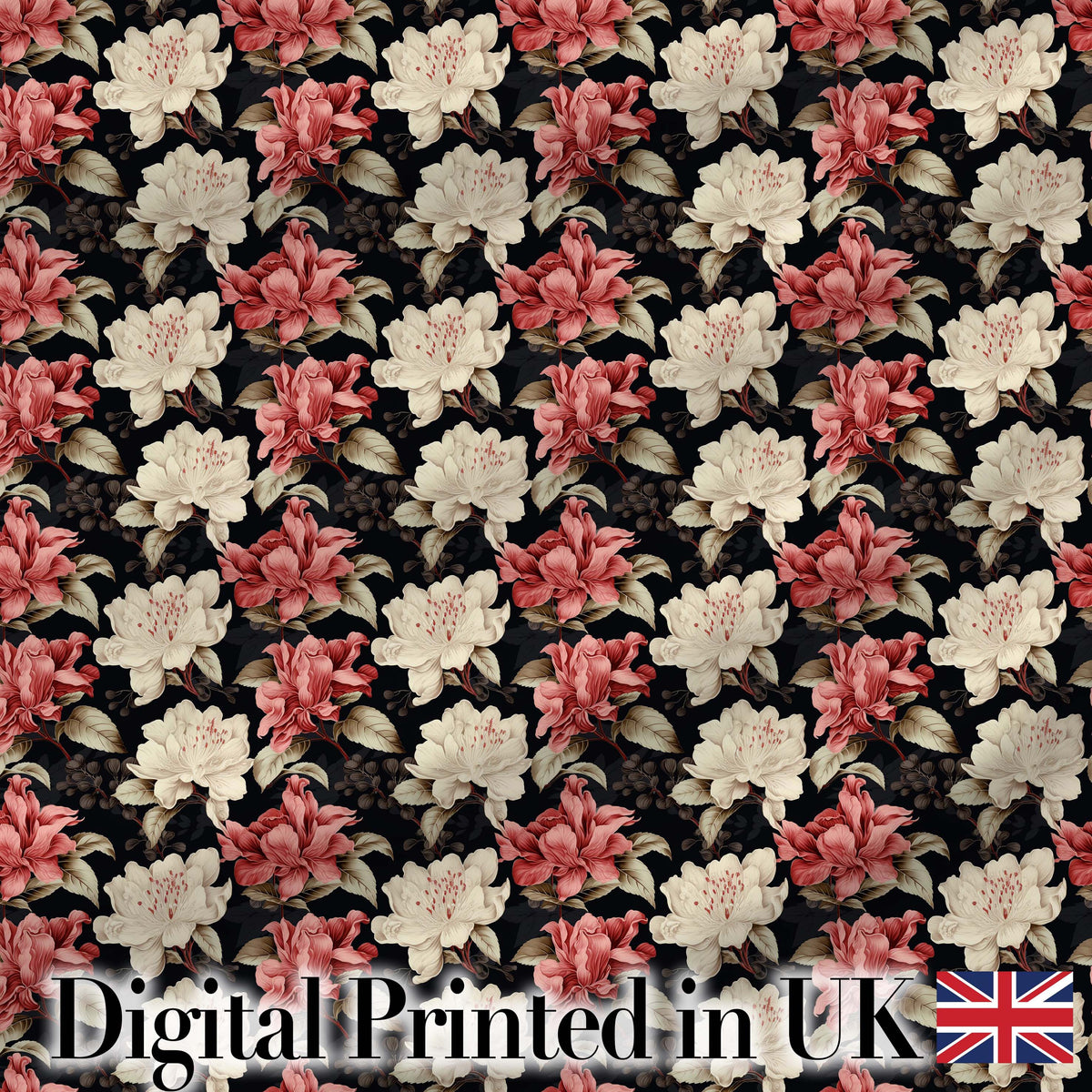 Cream and Coral Floral Blooms on Dark Background Seamless Pattern Digital Print Fabric by the Metre UK Sewing Quilting Textile