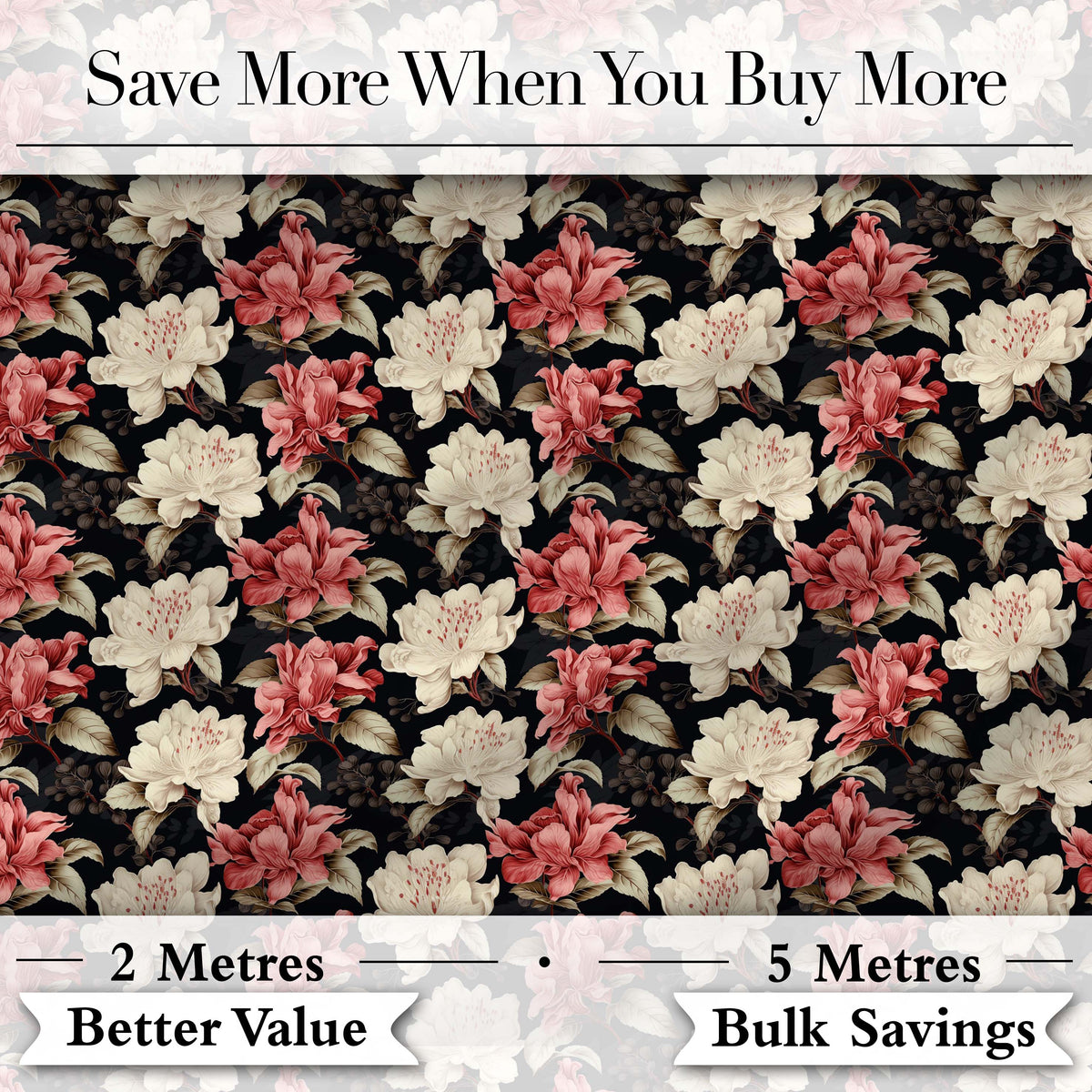 Cream and Coral Floral Blooms on Dark Background Seamless Pattern Digital Print Fabric by the Metre UK Sewing Quilting Textile