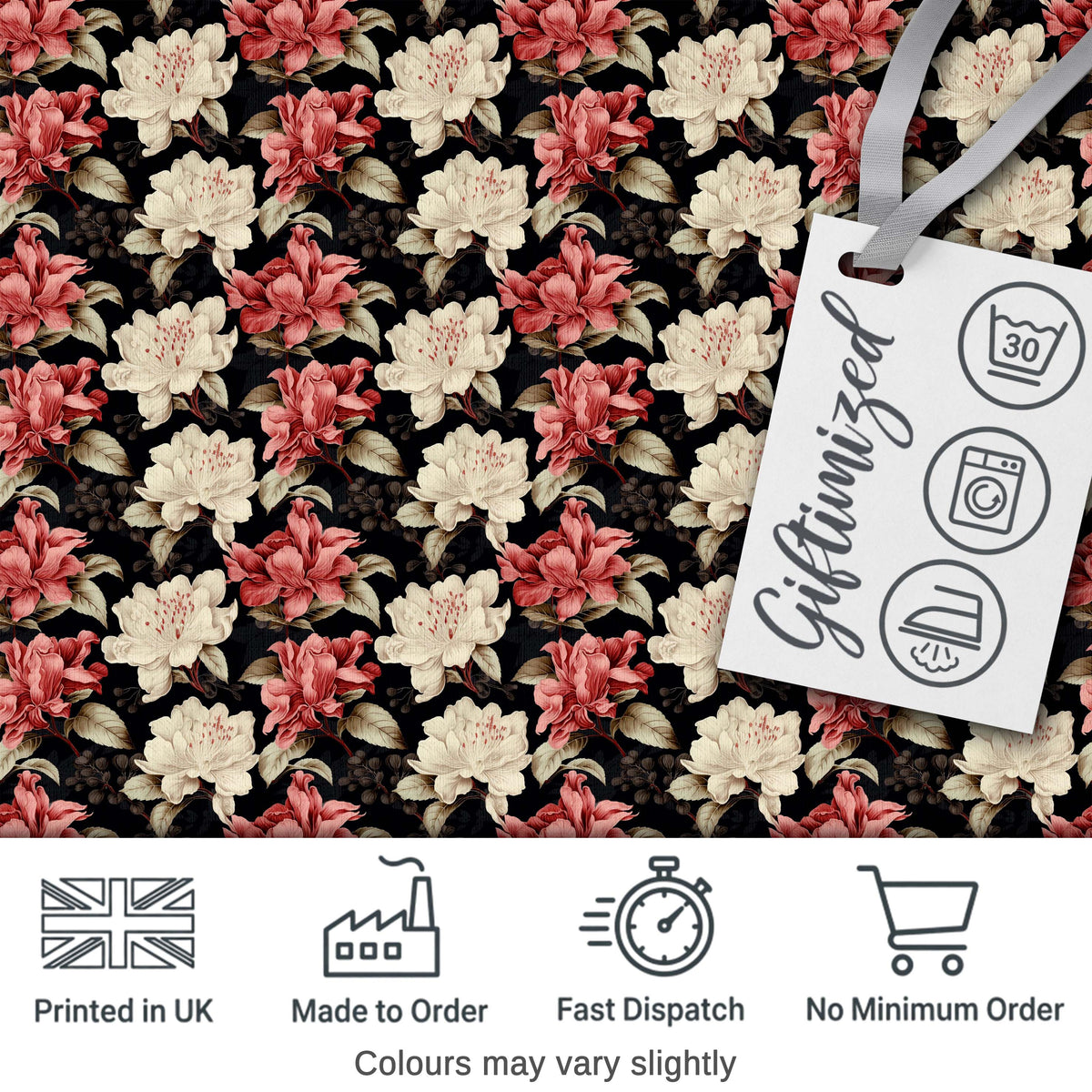 Cream and Coral Floral Blooms on Dark Background Seamless Pattern Digital Print Fabric by the Metre UK Sewing Quilting Textile