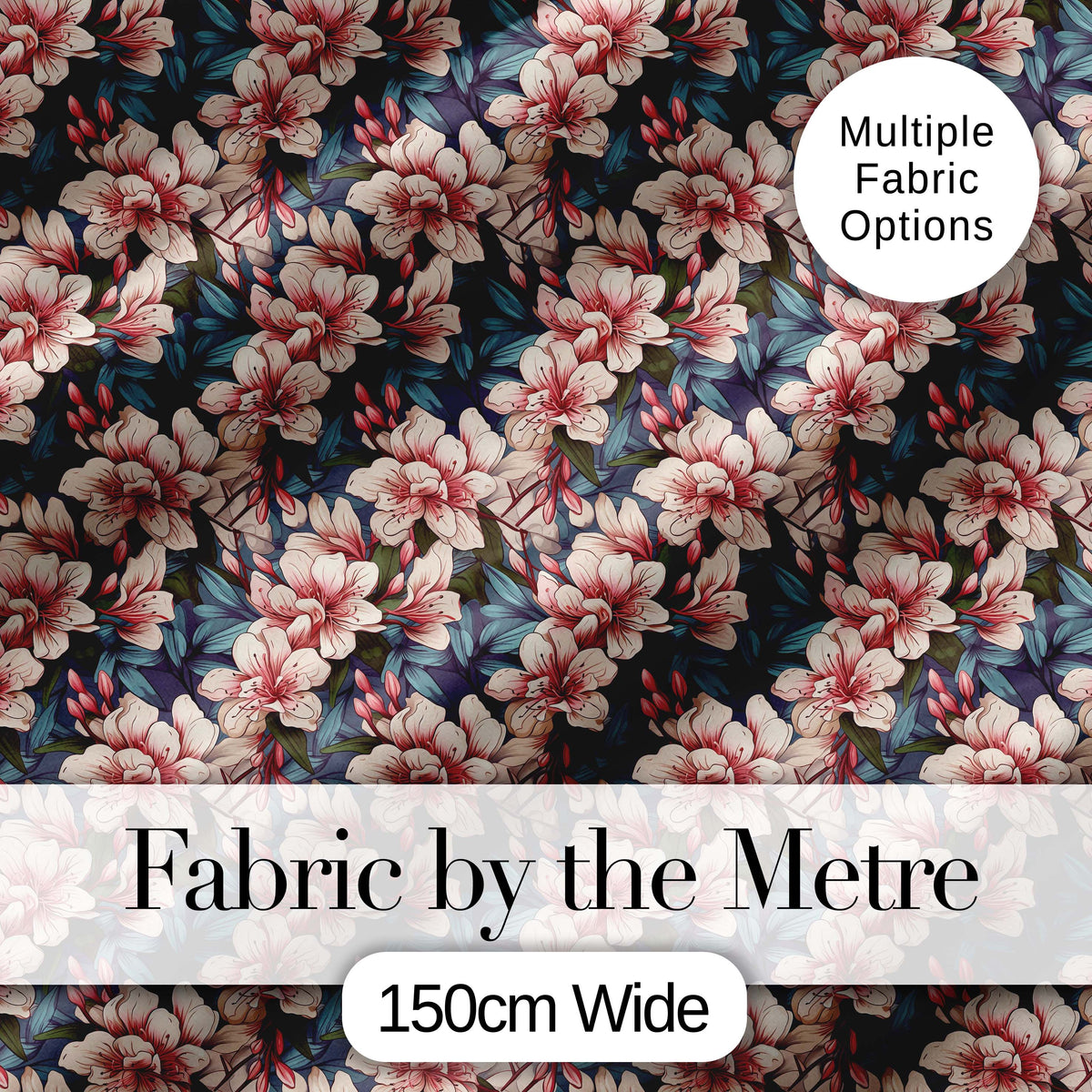 Elegant Pink Blossom Floral with Blue Leaves Seamless Pattern Digital Print Fabric by the Metre UK Sewing Quilting Textile