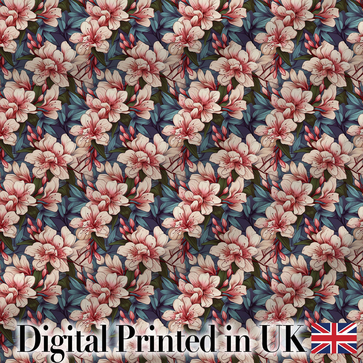 Elegant Pink Blossom Floral with Blue Leaves Seamless Pattern Digital Print Fabric by the Metre UK Sewing Quilting Textile