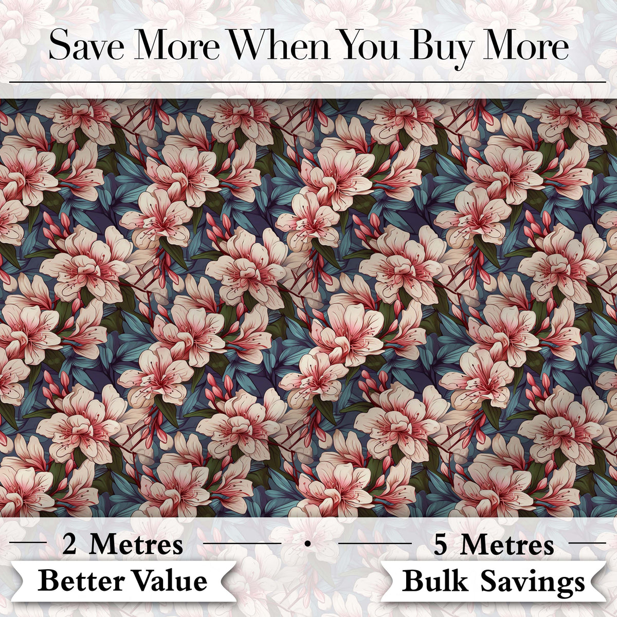 Elegant Pink Blossom Floral with Blue Leaves Seamless Pattern Digital Print Fabric by the Metre UK Sewing Quilting Textile