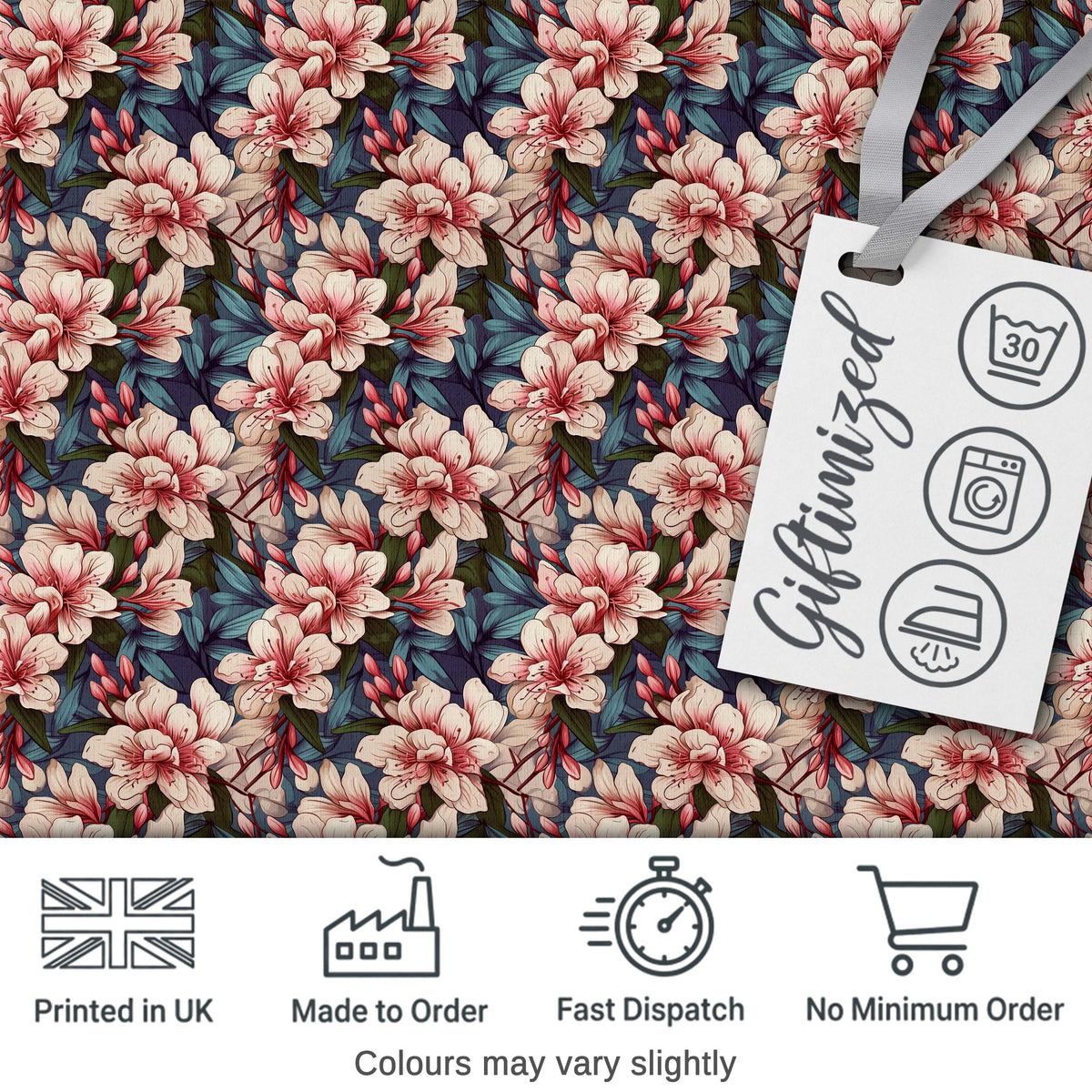 Elegant Pink Blossom Floral with Blue Leaves Seamless Pattern Digital Print Fabric by the Metre UK Sewing Quilting Textile