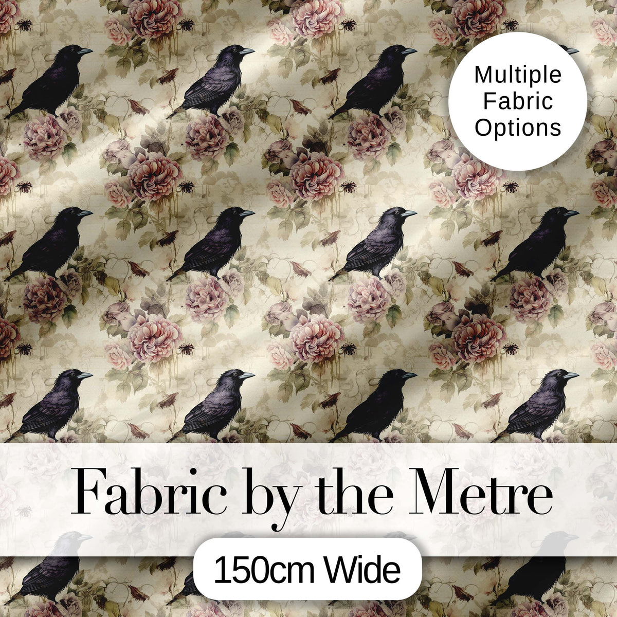 Vintage Crow Bird with Floral Background Seamless Pattern Digital Print Fabric by the Metre UK Sewing Quilting Textile