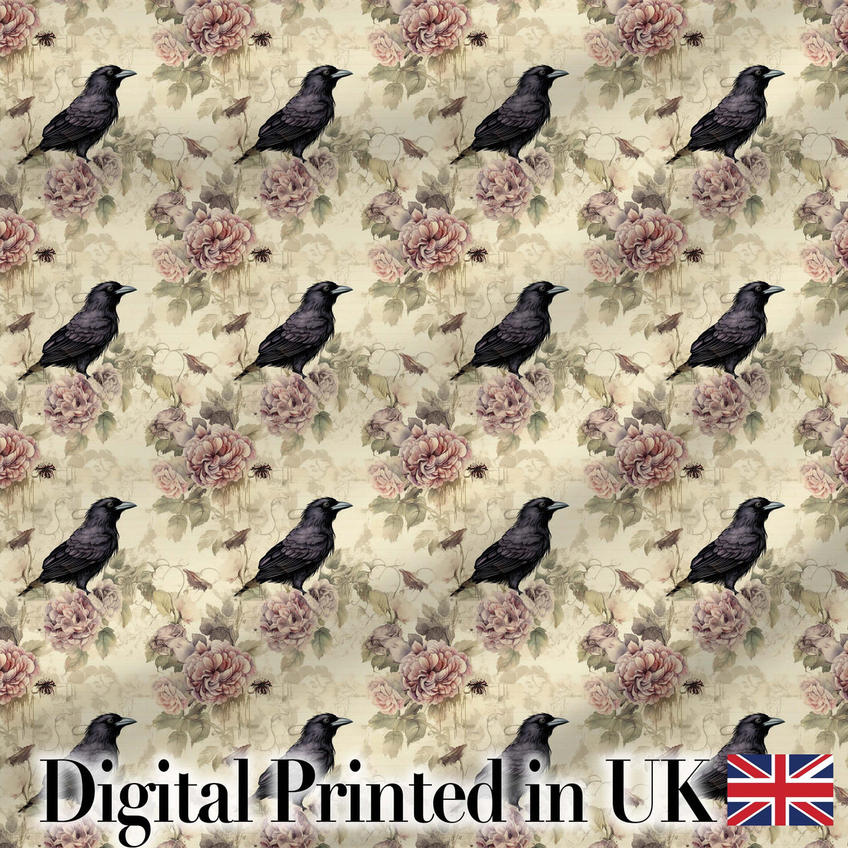Vintage Crow Bird with Floral Background Seamless Pattern Digital Print Fabric by the Metre UK Sewing Quilting Textile