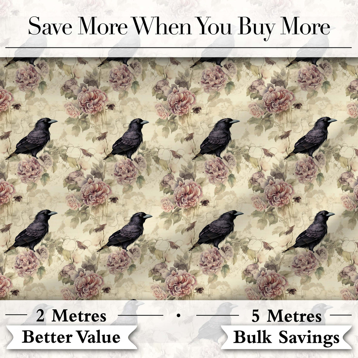 Vintage Crow Bird with Floral Background Seamless Pattern Digital Print Fabric by the Metre UK Sewing Quilting Textile