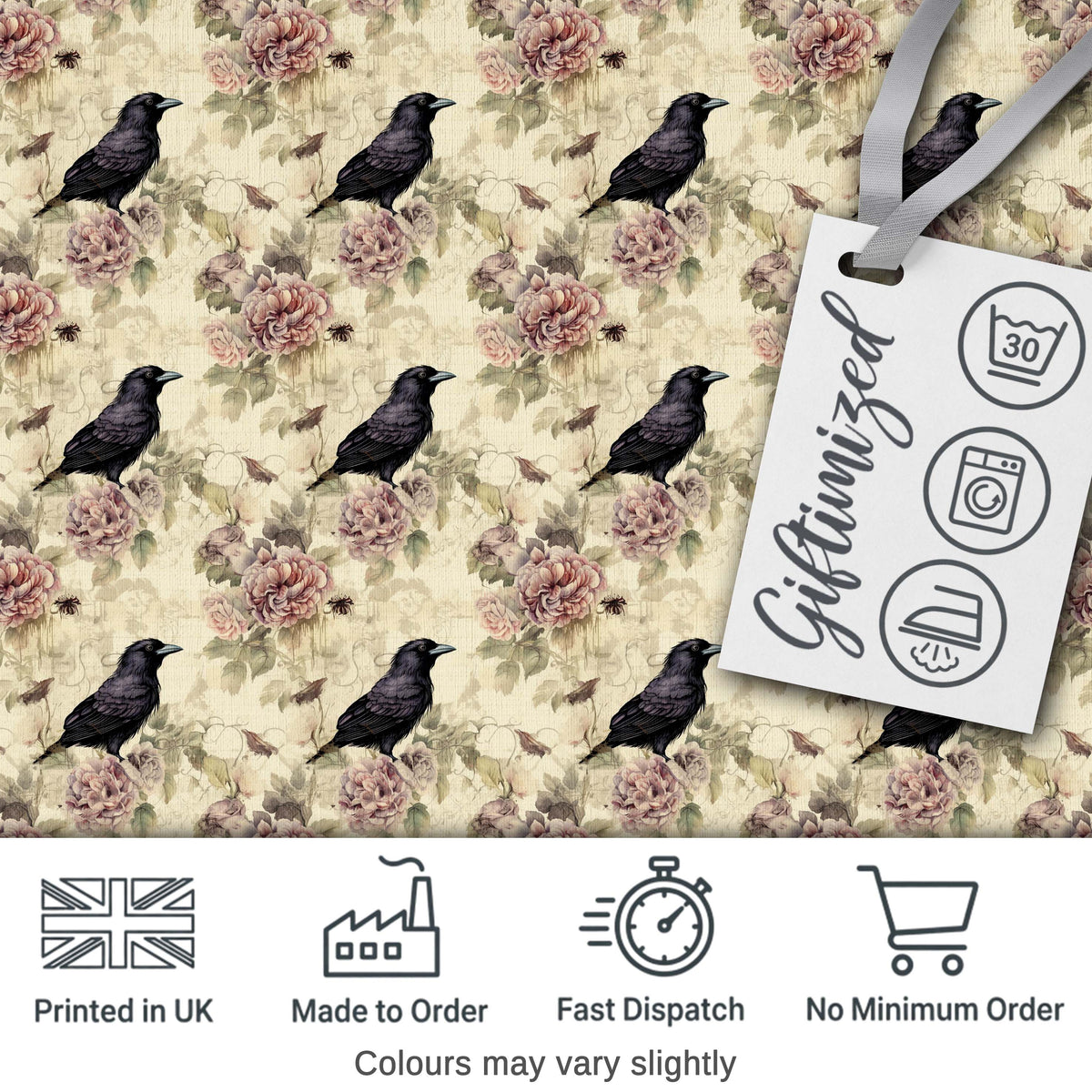 Vintage Crow Bird with Floral Background Seamless Pattern Digital Print Fabric by the Metre UK Sewing Quilting Textile