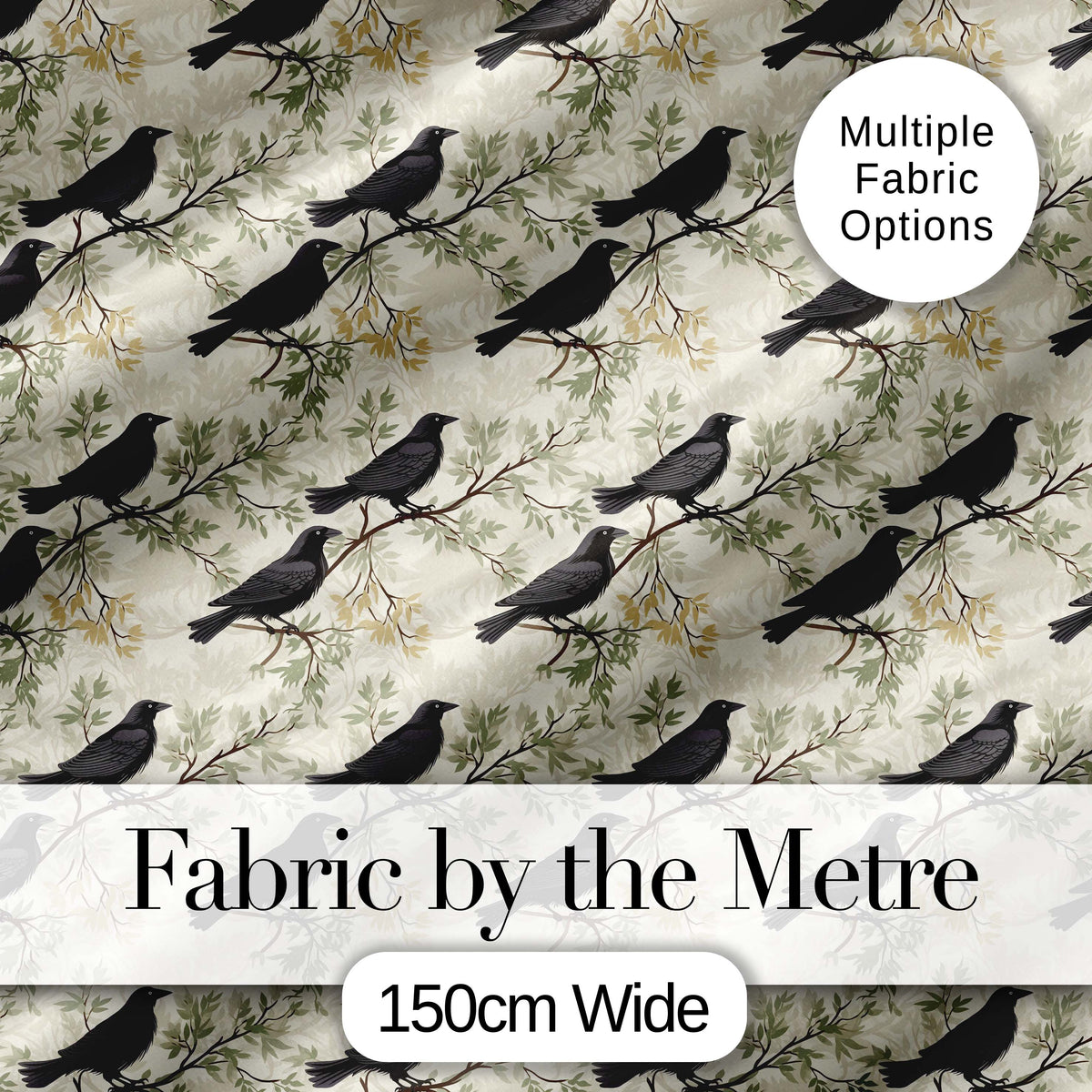 Black Crow Birds on Branch Minimal Seamless Pattern Digital Print Fabric by the Metre UK Sewing Quilting Textile