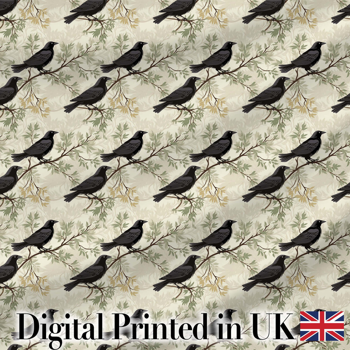 Black Crow Birds on Branch Minimal Seamless Pattern Digital Print Fabric by the Metre UK Sewing Quilting Textile