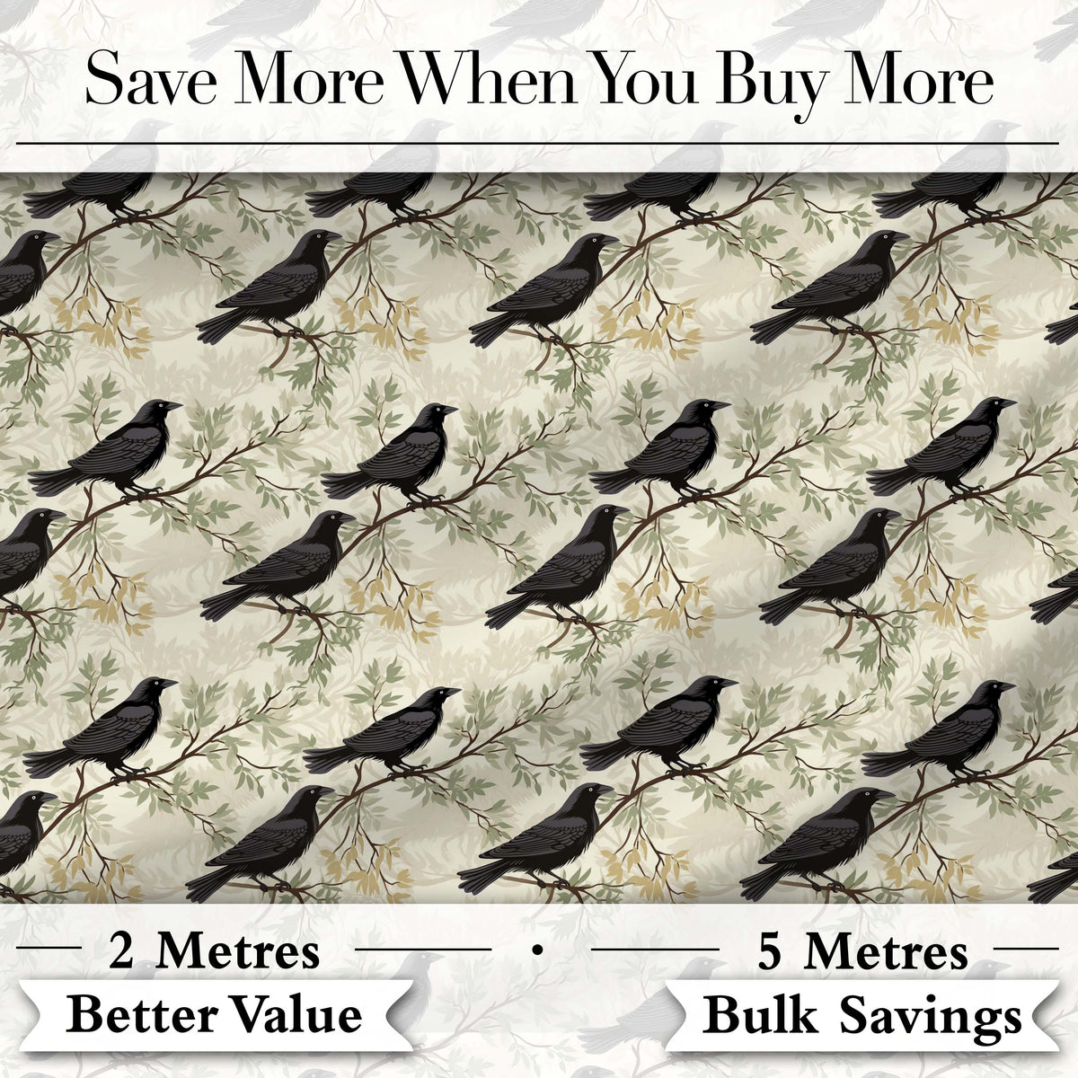 Black Crow Birds on Branch Minimal Seamless Pattern Digital Print Fabric by the Metre UK Sewing Quilting Textile