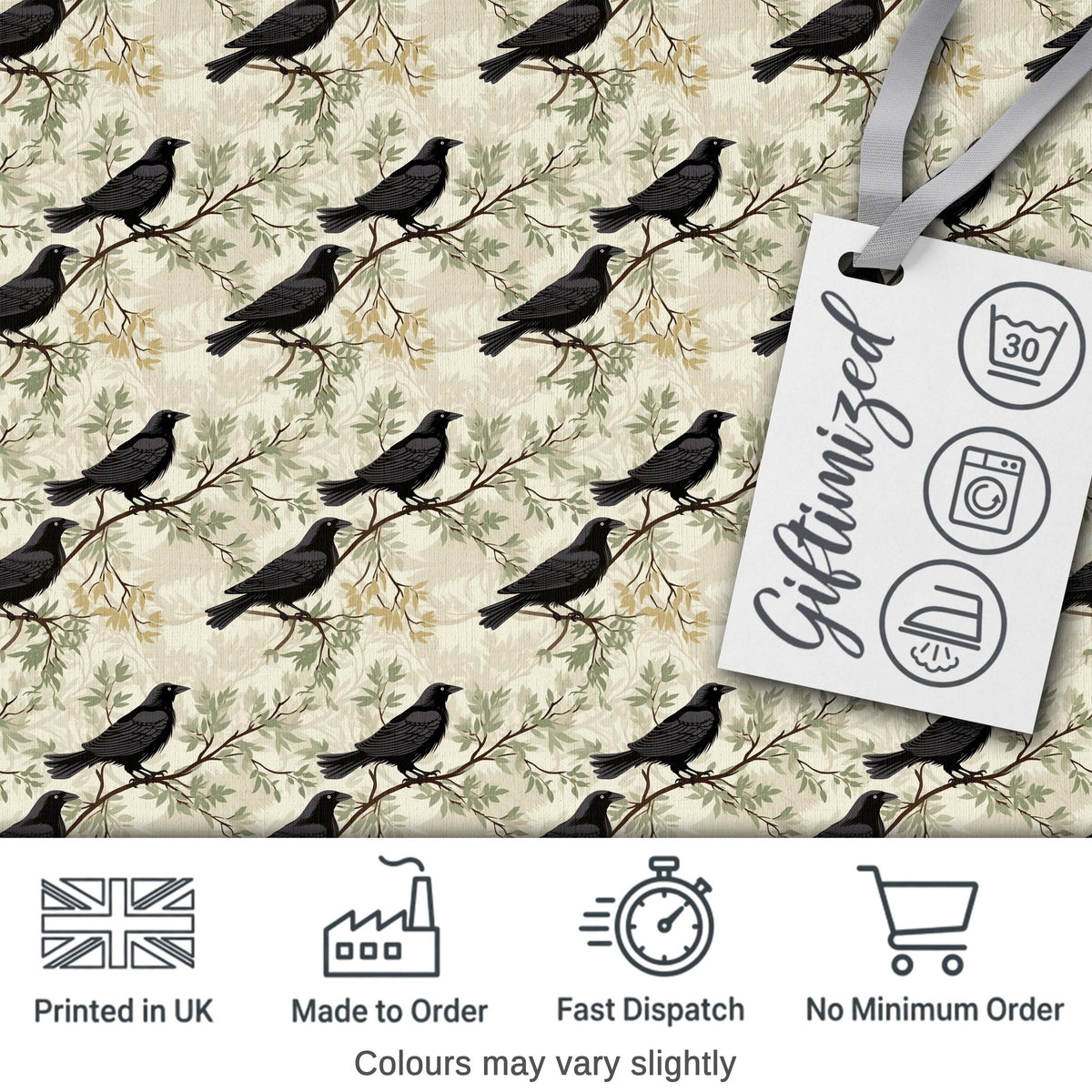 Black Crow Birds on Branch Minimal Seamless Pattern Digital Print Fabric by the Metre UK Sewing Quilting Textile