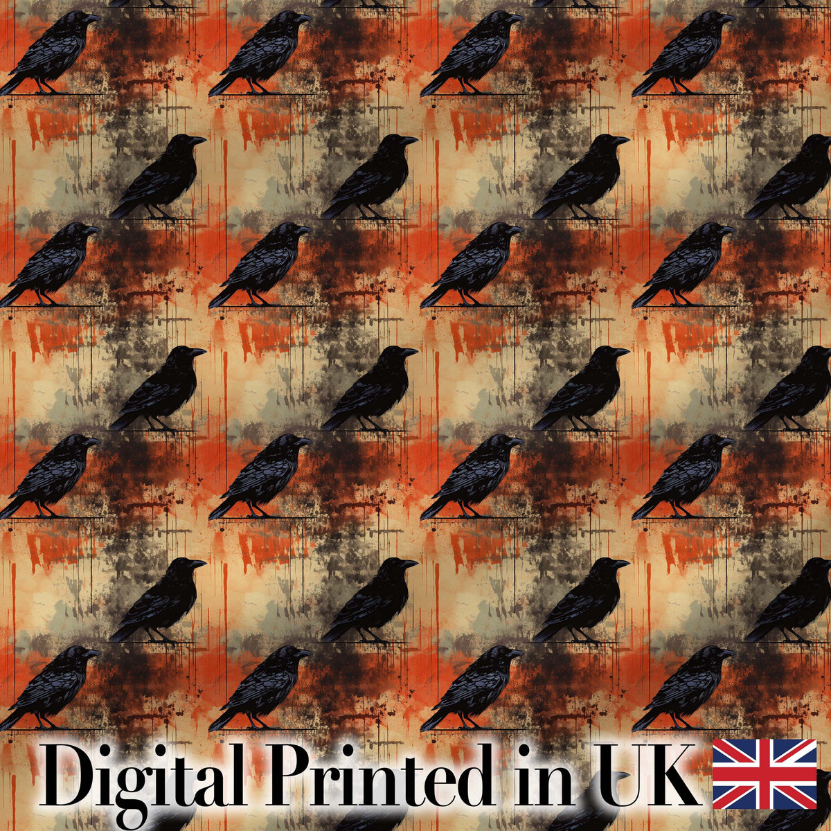 Grunge Gothic Raven with Black Crows on Distressed Orange and Beige Background Digital Print Fabric by the Metre UK Sewing Quilting Textile
