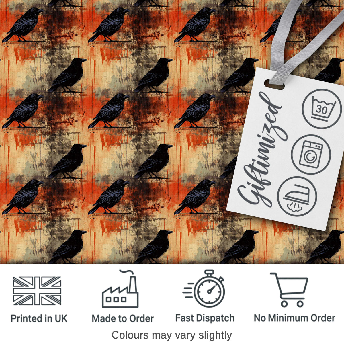Grunge Gothic Raven with Black Crows on Distressed Orange and Beige Background Digital Print Fabric by the Metre UK Sewing Quilting Textile