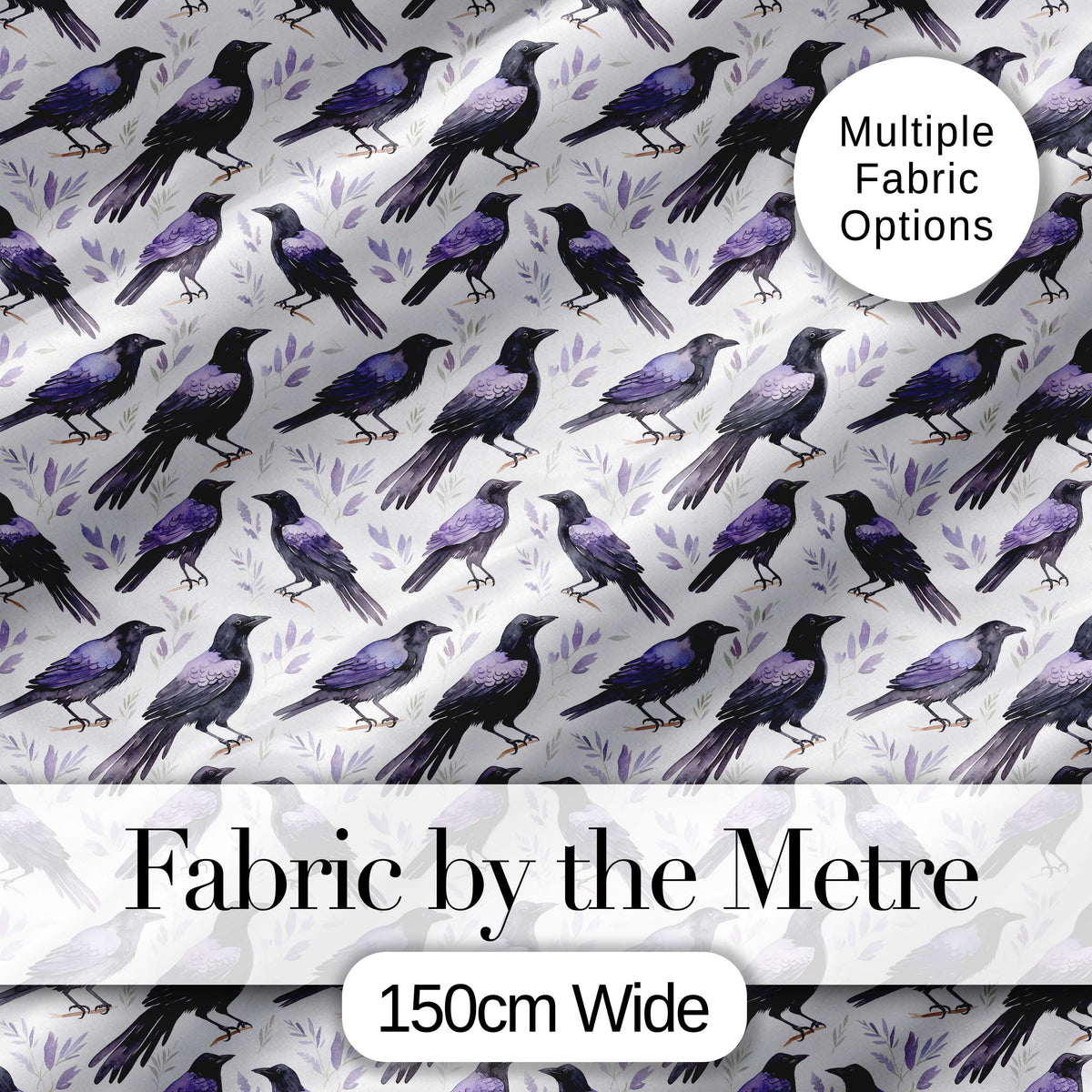 Purple Black Raven Birds Minimal Botanical Seamless Pattern Digital Print Fabric by the Metre UK Sewing Quilting Textile
