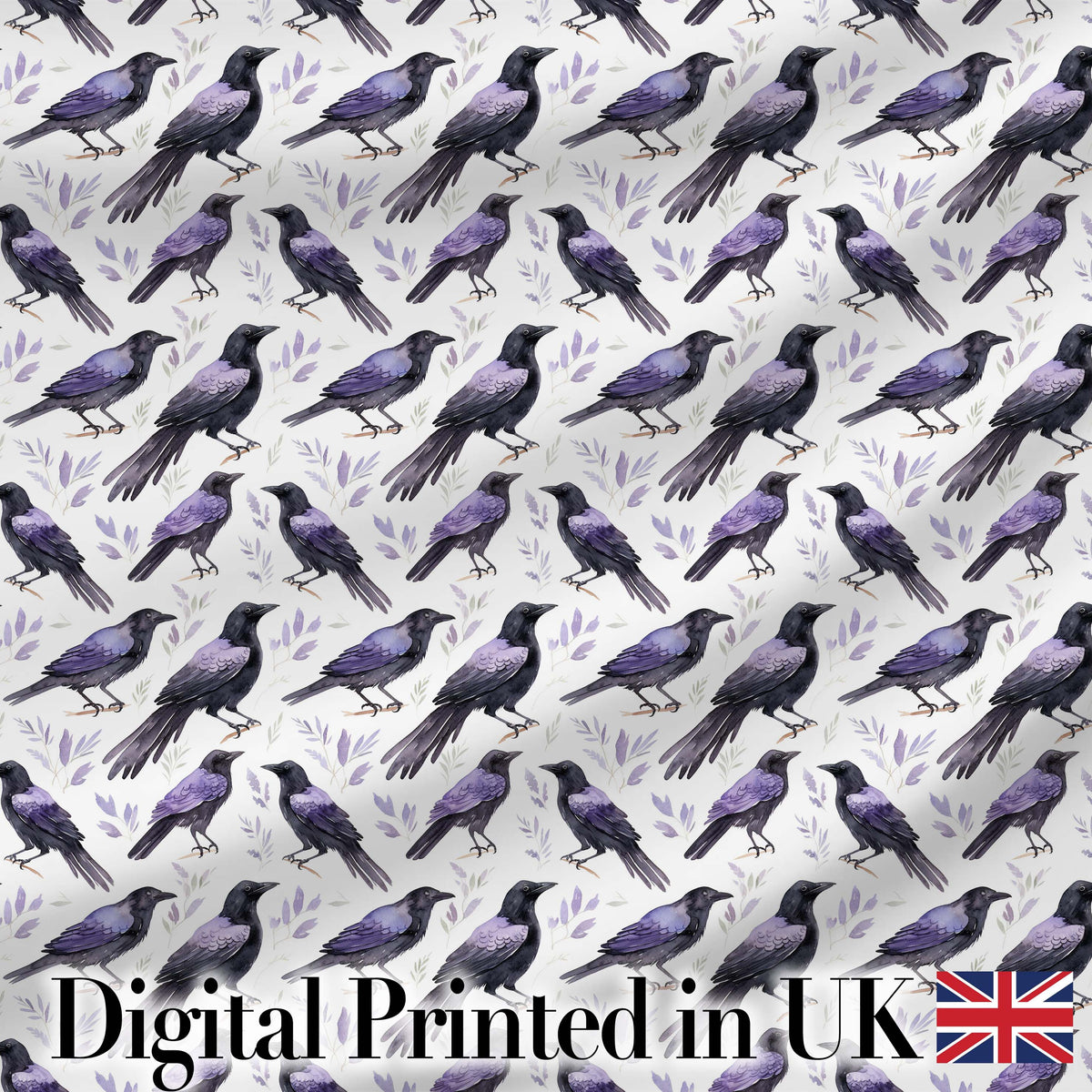 Purple Black Raven Birds Minimal Botanical Seamless Pattern Digital Print Fabric by the Metre UK Sewing Quilting Textile