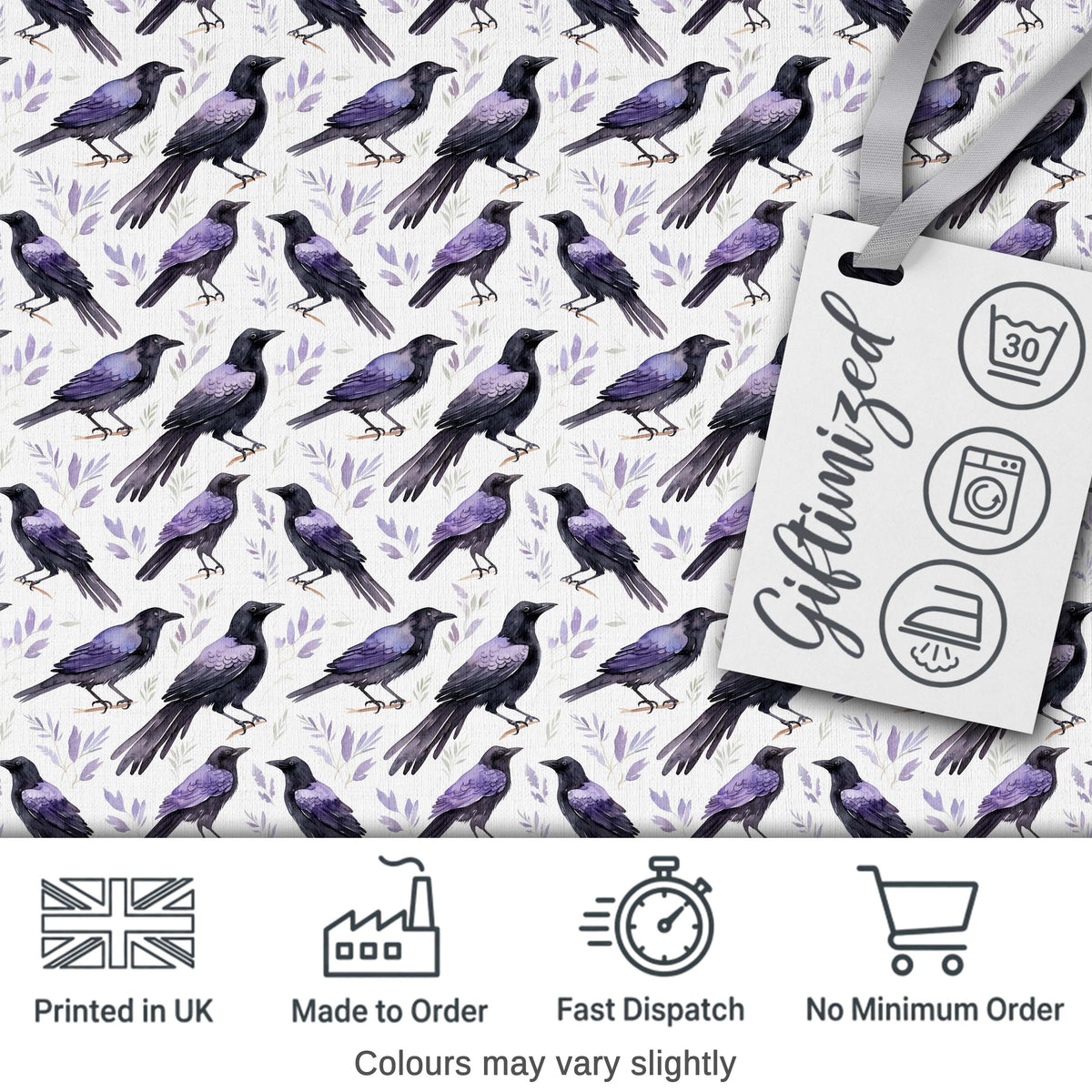 Purple Black Raven Birds Minimal Botanical Seamless Pattern Digital Print Fabric by the Metre UK Sewing Quilting Textile