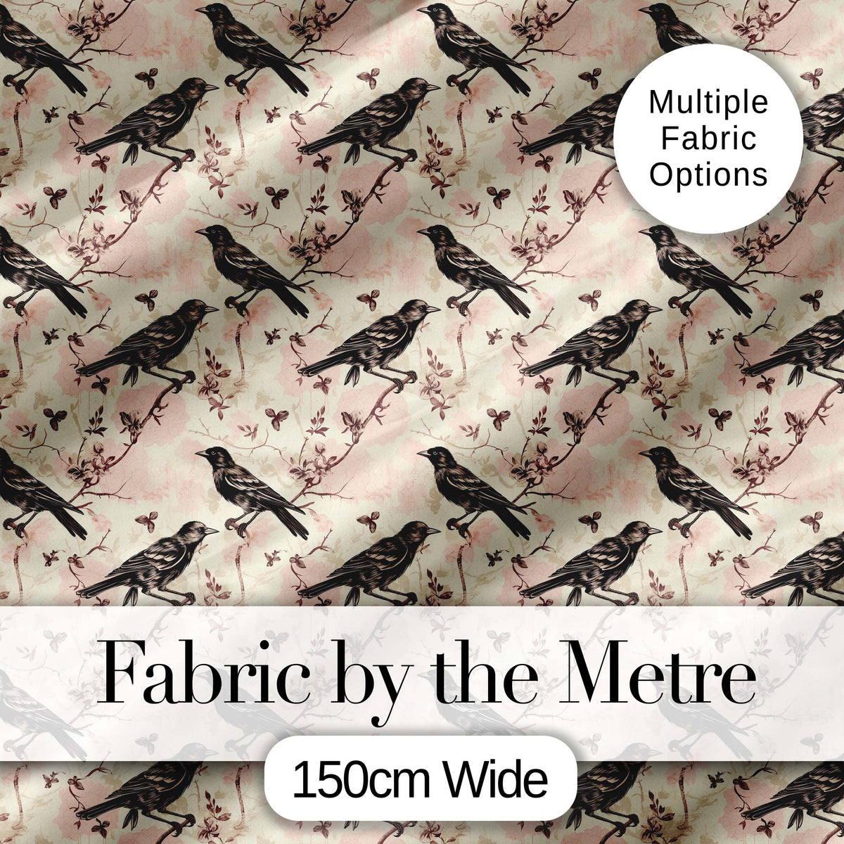Vintage Brown Black Birds with Floral Branch Seamless Pattern Digital Print Fabric by the Metre UK Sewing Quilting Textile