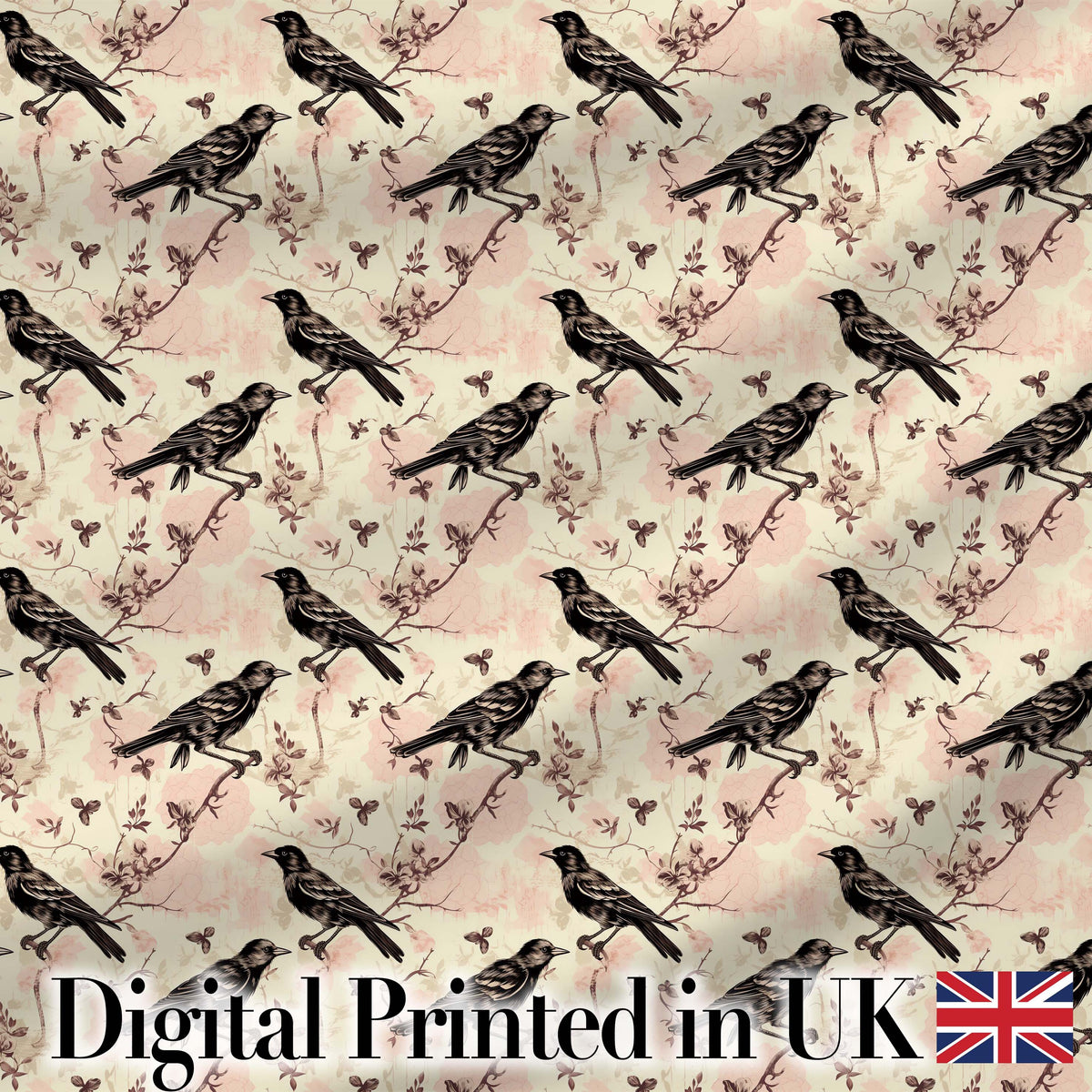 Vintage Brown Black Birds with Floral Branch Seamless Pattern Digital Print Fabric by the Metre UK Sewing Quilting Textile