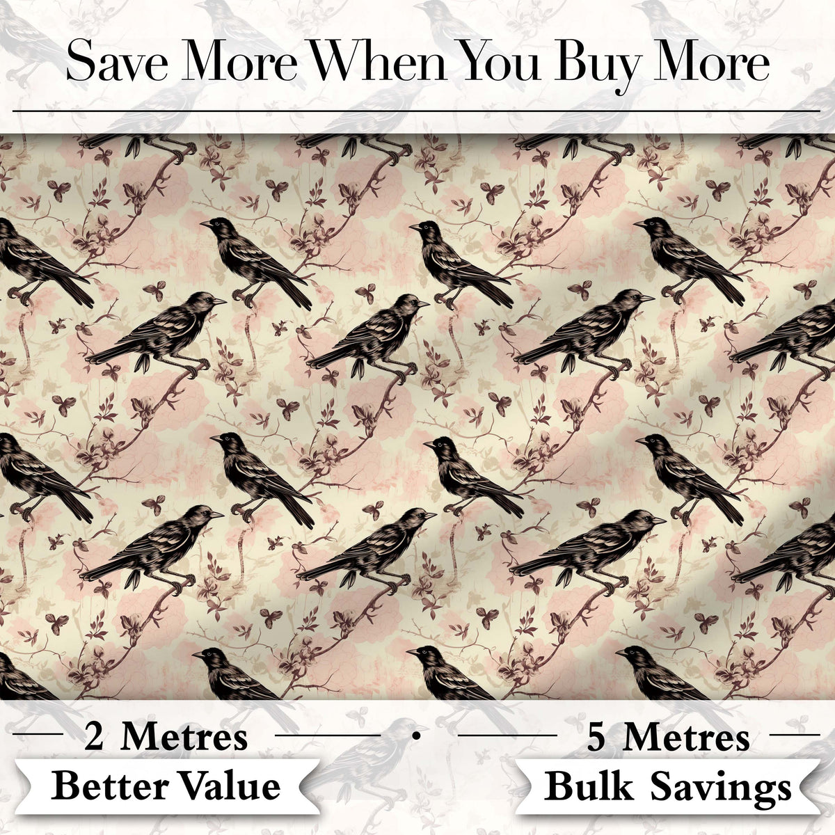 Vintage Brown Black Birds with Floral Branch Seamless Pattern Digital Print Fabric by the Metre UK Sewing Quilting Textile